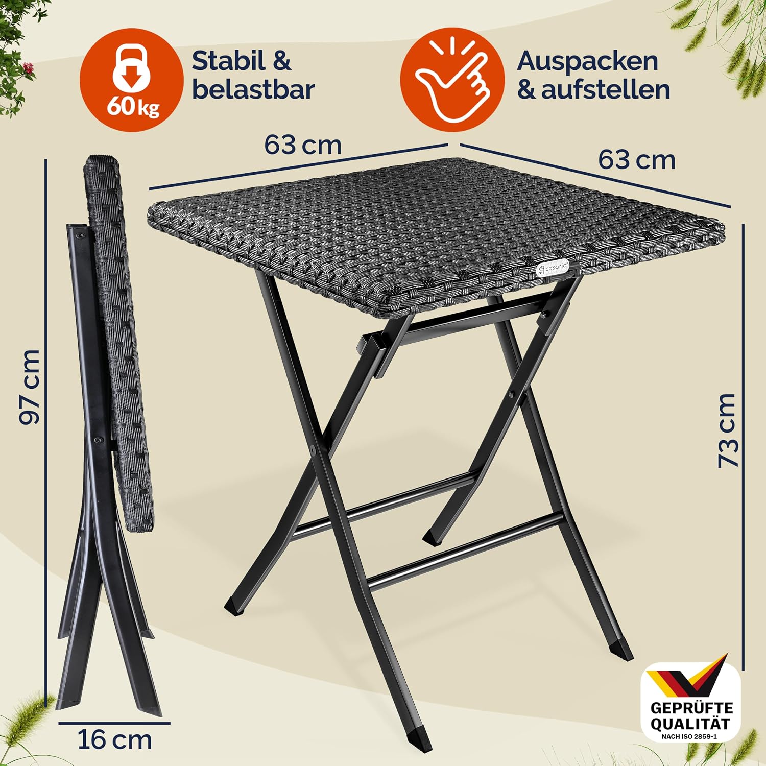Casaria® Gartentisch Wetterfest Klappbar 65x65cm Balkontisch Polyrattan Outdoor 60kg Belastbarkeit Klapptisch Terrasse Balkon Camping Tisch Schwarz — Ansicht 3