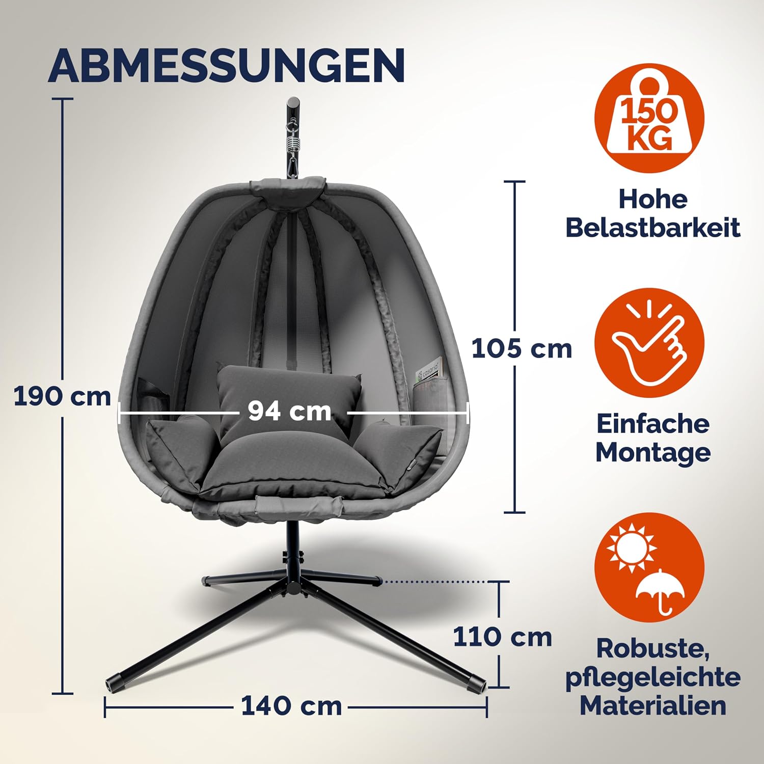 Casaria® Hängesessel Outdoor mit Gestell XXL Hängestuhl 94cm Breit 2 Seitentaschen Kissen Schaukelstuhl 150kg Belastbar Indoor Grau Schaukelsessel Stabiler Stand Wetterfest — Ansicht 2