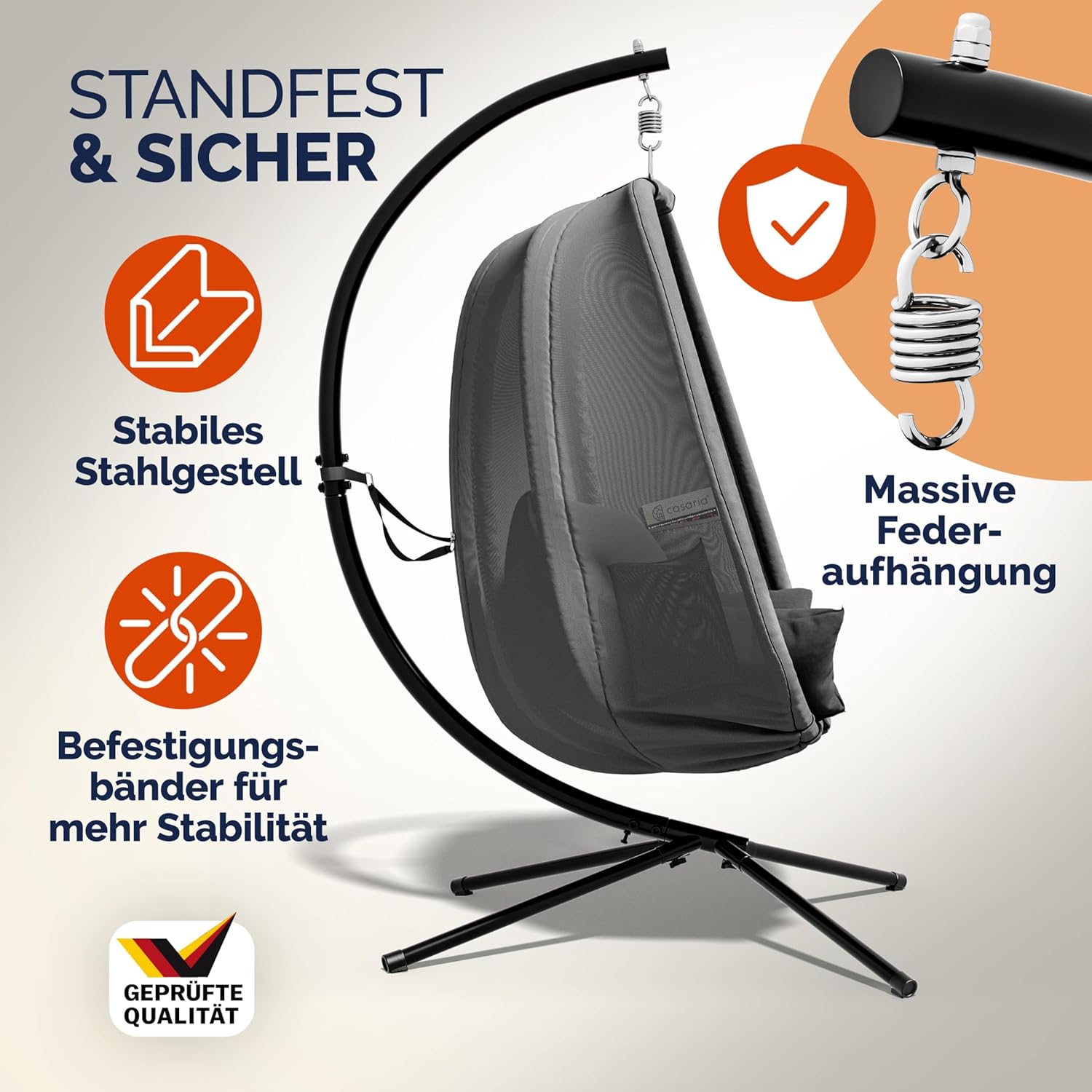 Casaria® Hängesessel Outdoor mit Gestell XXL Hängestuhl 94cm Breit 2 Seitentaschen Kissen Schaukelstuhl 150kg Belastbar Indoor Grau Schaukelsessel Stabiler Stand Wetterfest — Ansicht 3
