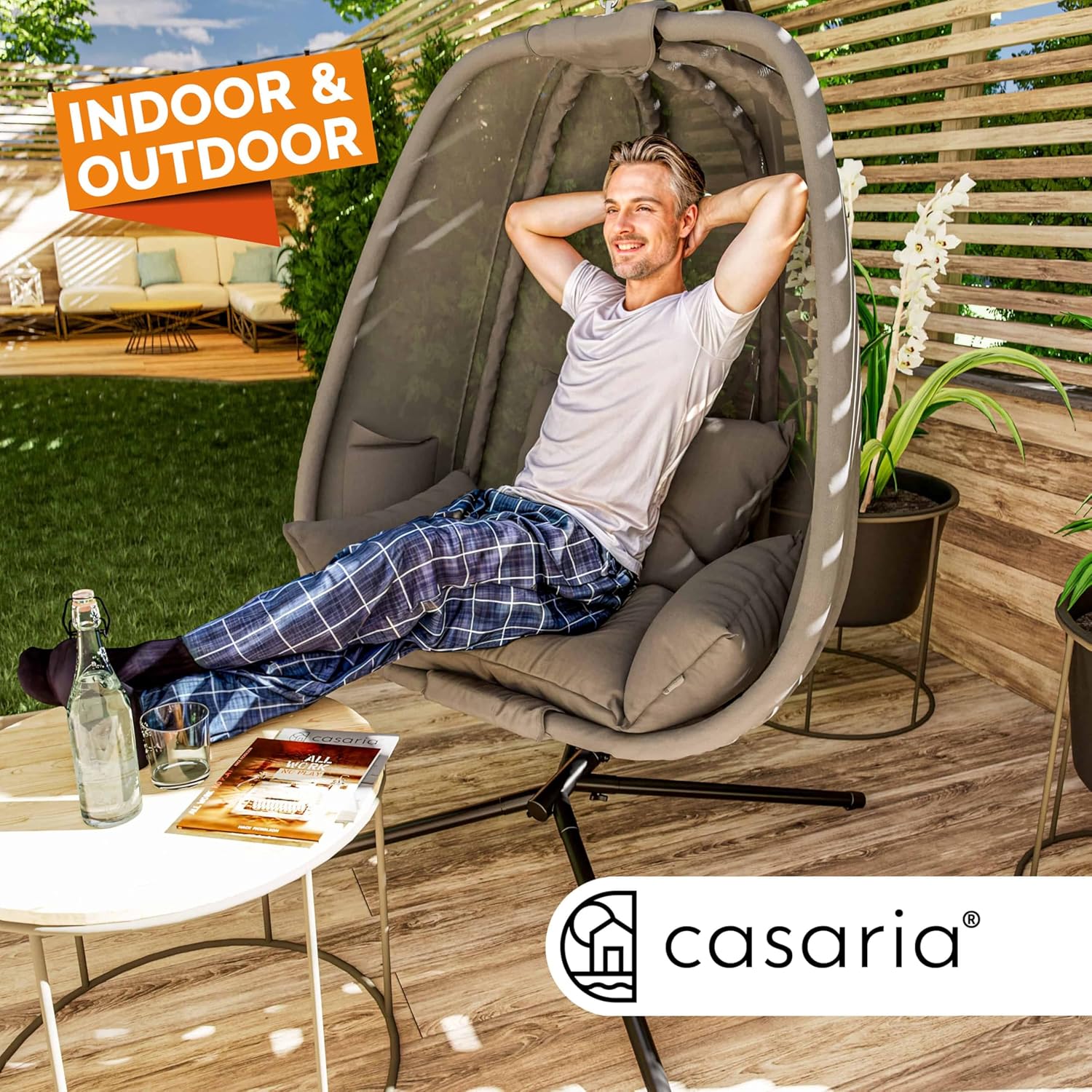 Casaria® Hängesessel Outdoor mit Gestell XXL Hängestuhl 94cm Breit 2 Seitentaschen Kissen Schaukelstuhl 150kg Belastbar Indoor Grau Schaukelsessel Stabiler Stand Wetterfest — Ansicht 4