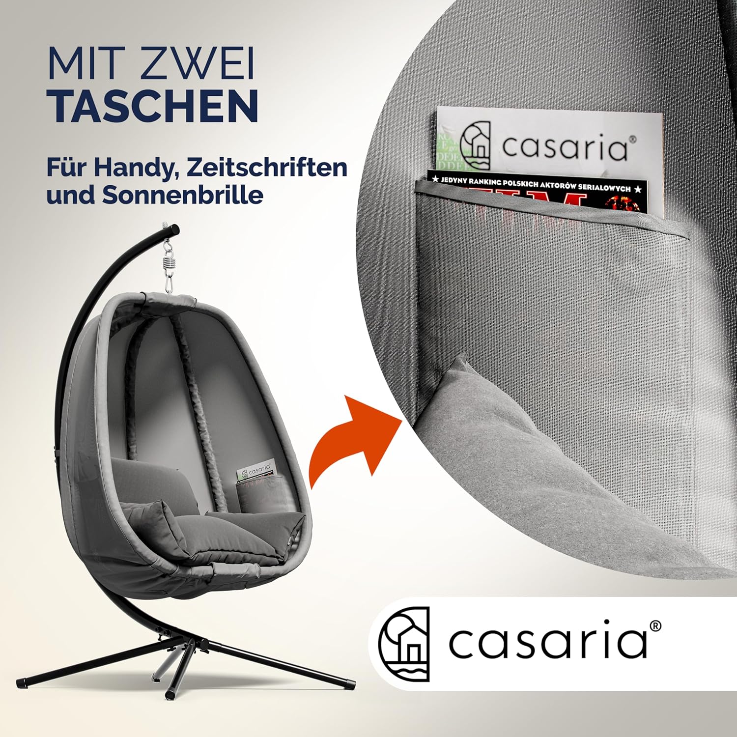 Casaria® Hängesessel Outdoor mit Gestell XXL Hängestuhl 94cm Breit 2 Seitentaschen Kissen Schaukelstuhl 150kg Belastbar Indoor Grau Schaukelsessel Stabiler Stand Wetterfest — Ansicht 6