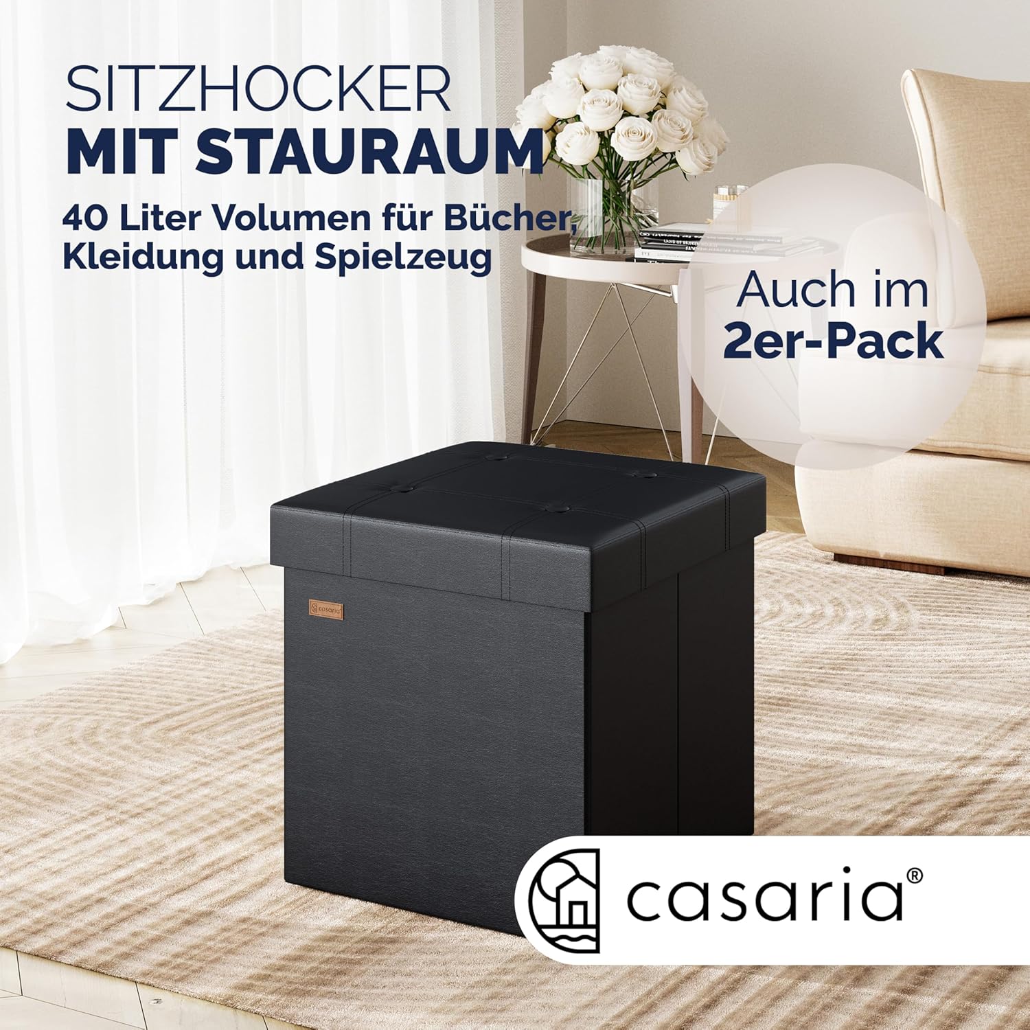 Casaria® Hocker mit Stauraum 2er Set Schwarz Faltbar Deckel Kunstleder Gepolstert 38x38cm Schlafzimmer Wohnzimmer Flur Sitzhocker Fußhocker Polsterhocker — Ansicht 3