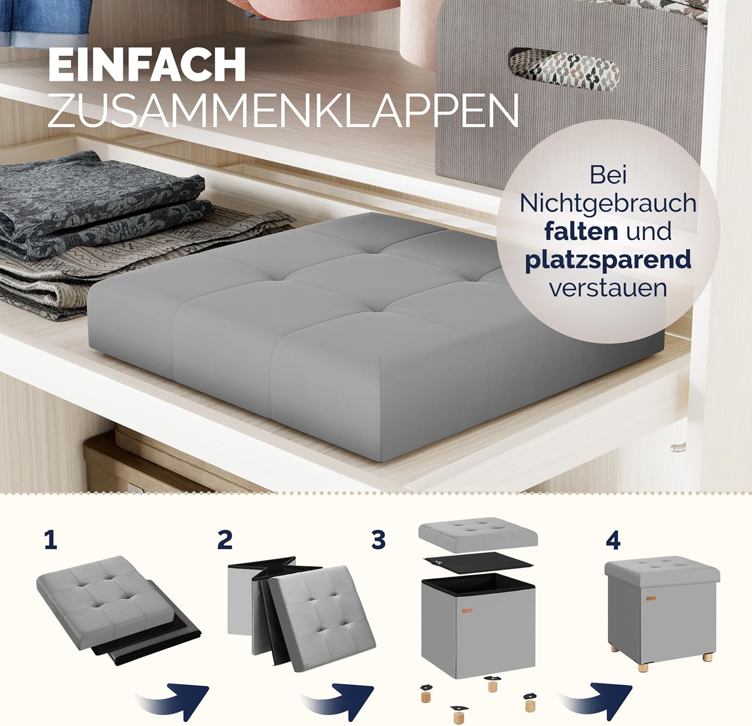 Casaria® Hocker mit Stauraum Samt Grau Faltbar inkl. Füßen 38x38cm 300kg Belastbarkeit Wohnzimmer Schlafzimmer Flur Sitzhocker Fußhocker Polsterhocker — Ansicht 6
