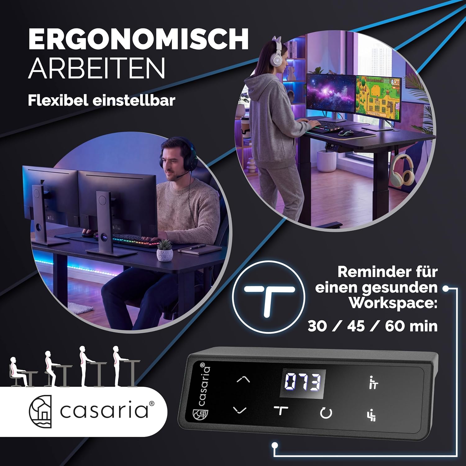 Casaria® Höhenverstellbarer Gaming Schreibtisch elektrisch 160 x 70 cm mit Wireless Charger & USB-C/A Anschluss LCD-Display Memory-Funktion 80 kg belastbar ergonomisch Gamer Carbon Optik — Ansicht 4
