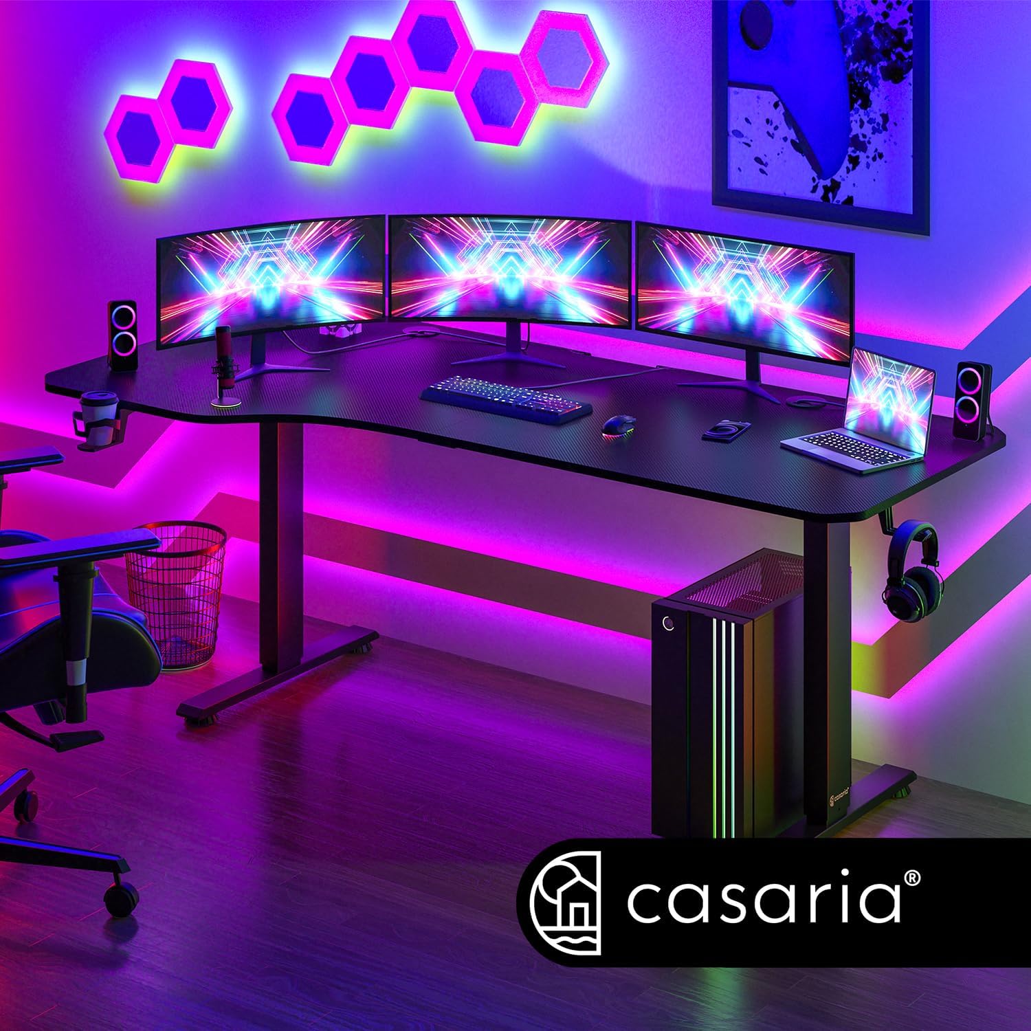 Casaria® Höhenverstellbarer Schreibtisch 160x75 cm elektrisch mit Kopfhörerhalter Tassenhalter Modern Büro Gaming PC Computer Tisch Schwarz Carbon-Optik — Ansicht 2