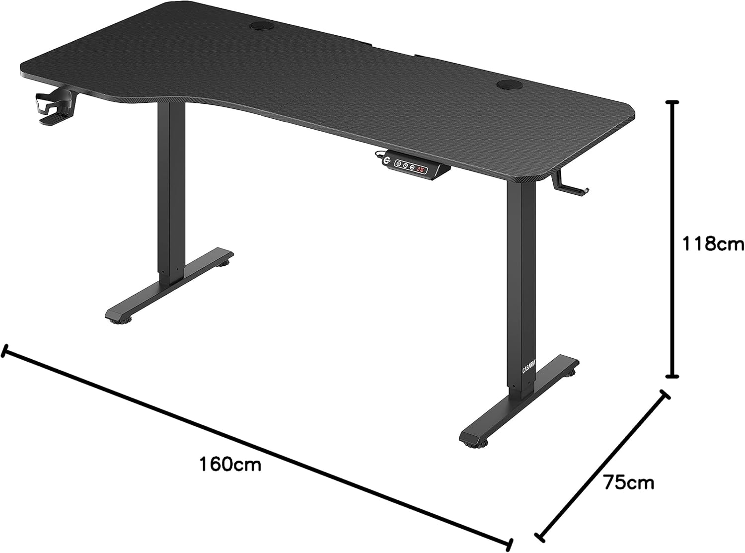 Casaria® Höhenverstellbarer Schreibtisch 160x75 cm elektrisch mit Kopfhörerhalter Tassenhalter Modern Büro Gaming PC Computer Tisch Schwarz Carbon-Optik — Ansicht 3