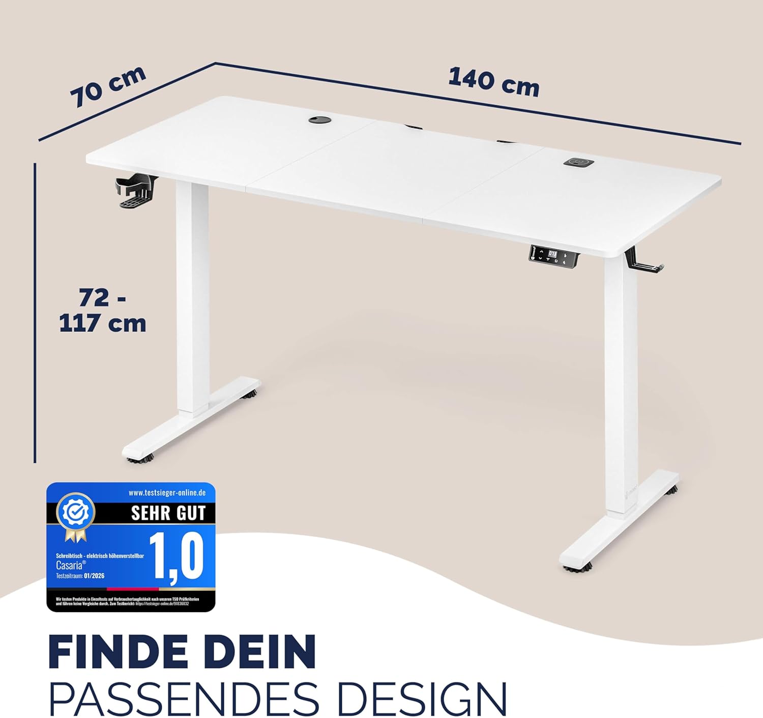 Casaria® Höhenverstellbarer Schreibtisch elektrisch 140 x 70 cm mit Wireless Charger & USB-C/A Anschluss LCD-Display Memory-Funktion 80 kg belastbar ergonomisch Weiß — Ansicht 2