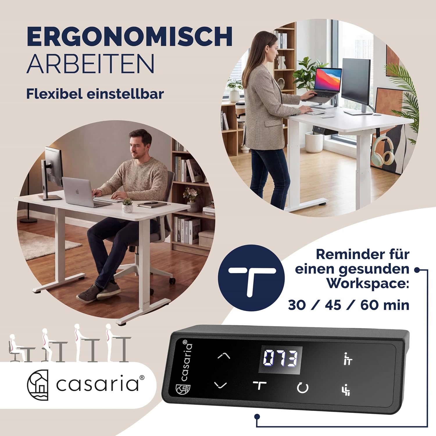 Casaria® Höhenverstellbarer Schreibtisch elektrisch 140 x 70 cm mit Wireless Charger & USB-C/A Anschluss LCD-Display Memory-Funktion 80 kg belastbar ergonomisch Weiß — Ansicht 4