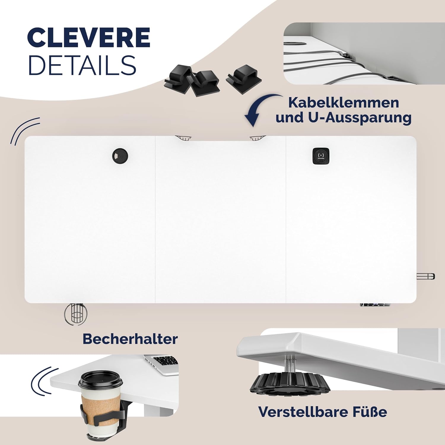 Casaria® Höhenverstellbarer Schreibtisch elektrisch 140 x 70 cm mit Wireless Charger & USB-C/A Anschluss LCD-Display Memory-Funktion 80 kg belastbar ergonomisch Weiß — Ansicht 5
