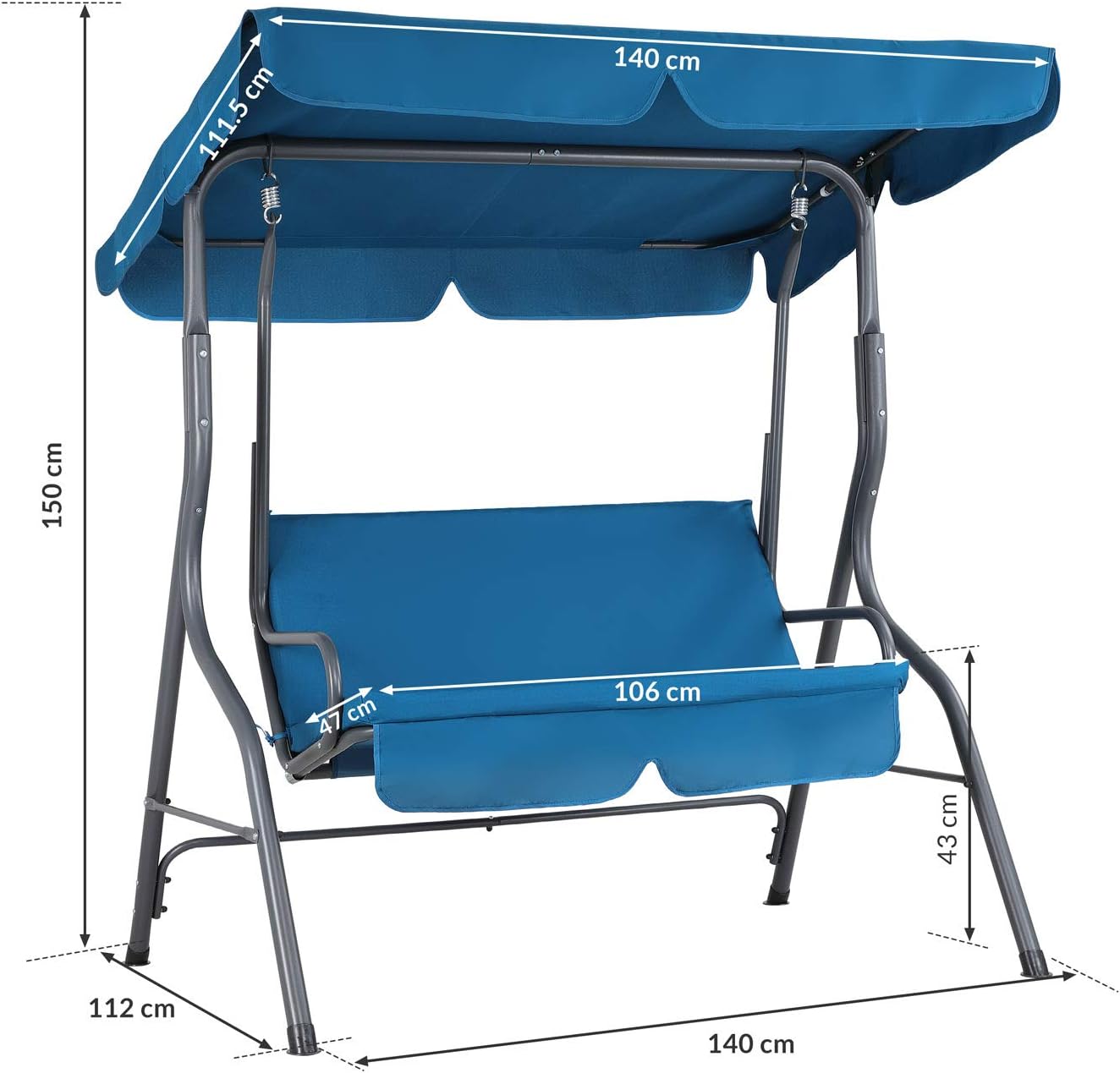 CASARIA® Hollywoodschaukel 2 Sitzer wetterfest Atlantik Blau 200kg Belastbarkeit Rückenlehne Dach Verstellbar Anti-Rutsch-Füße Garten Terrasse Gartenschaukel 140x112cm — Ansicht 6