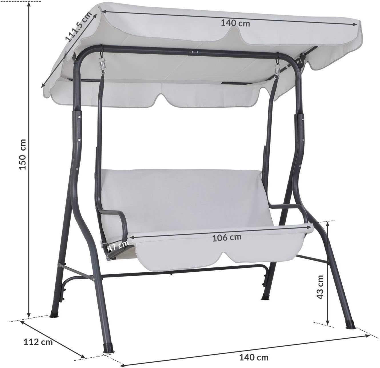 Casaria® Hollywoodschaukel 2 Sitzer Wetterfest Balkon 200kg Belastbar Gartenschaukel mit Dach Hellgrau Anti-Rutsch-Füße Garten Terrasse Schaukel 140cm Rückenlehne — Ansicht 4