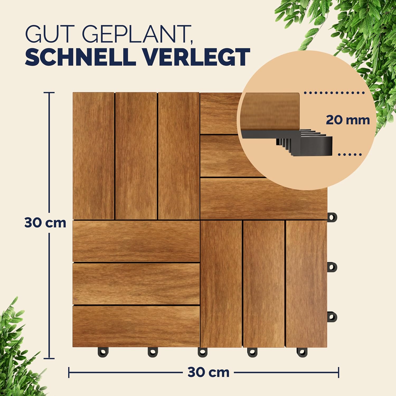 Casaria Holzfliesen FSC®-zertifiziertes Akazienholz 1m2 Fliese Akazie Mosaik 30x30cm Klicksystem zuschneidbar Terrasse — Ansicht 2