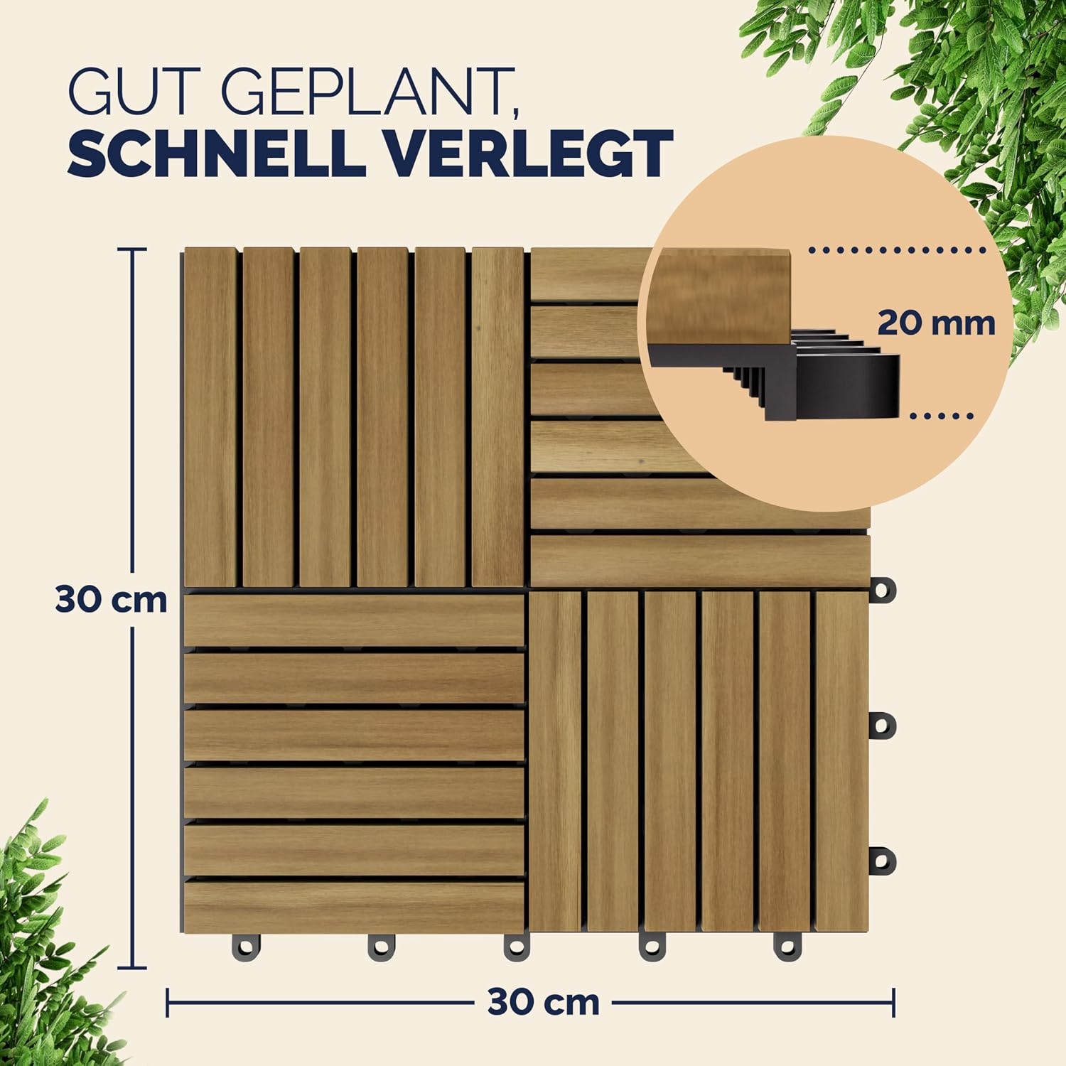 CASARIA® Holzfliesen FSC®-zertifiziertes Akazienholz 3m2 Fliese Akazie Quattro 30x30cm Klicksystem zuschneidbar Terrasse — Ansicht 2