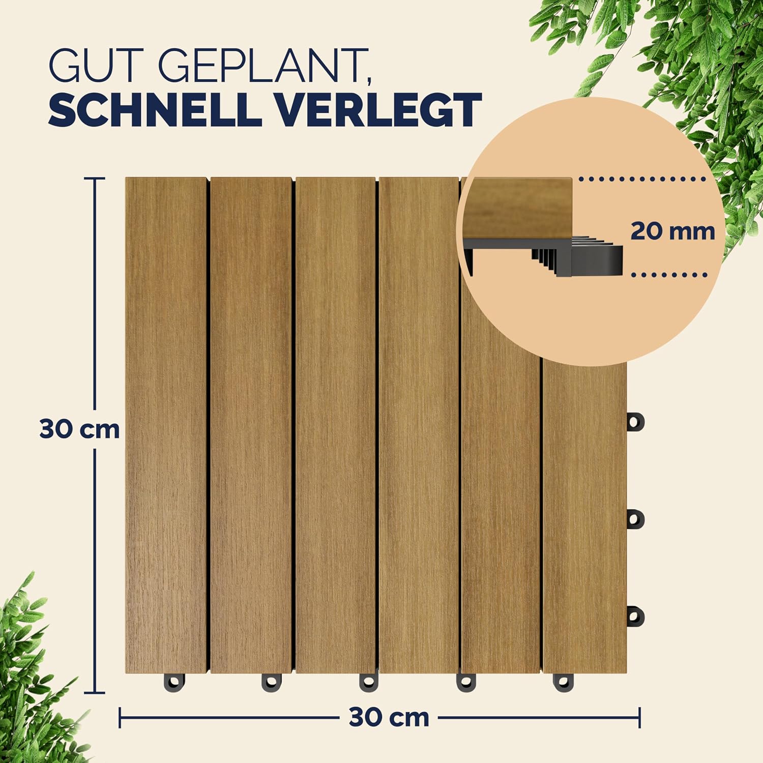 CASARIA® Holzfliesen FSC®-zertifiziertes Eukalyptusholz 1m2 Fliese 30x30cm Klicksystem zuschneidbar Terrassenfliese Außen — Ansicht 2