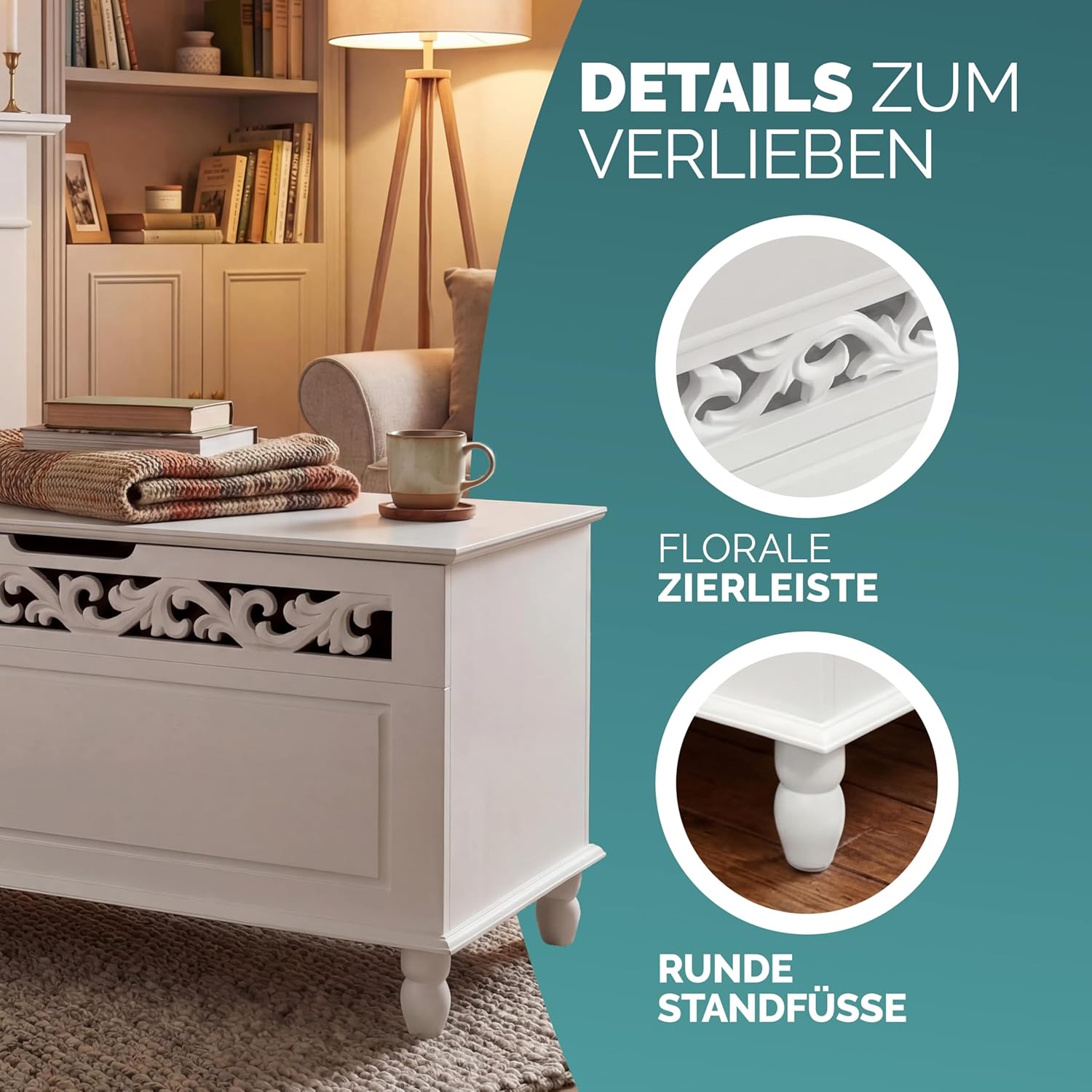 Casaria® Holztruhe Jersey mit Deckel groß klappbar XXL Stauraum Sitzbank Truhe Holzkiste Schatztruhe Box Schuhbank Truhenbank Wäschetruhe weiß 80x40cm — Ansicht 6