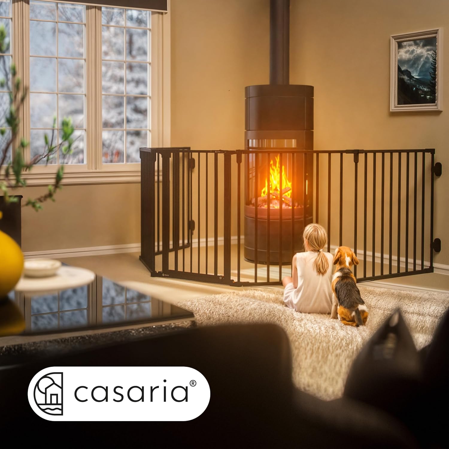 CASARIA® Kaminschutzgitter Baby mit Sicherheitstür Metall ohne Bohren 306x76cm Hundegitter Kinderschutz Türschutzgitter Absperrgitter Schwarz — Ansicht 4