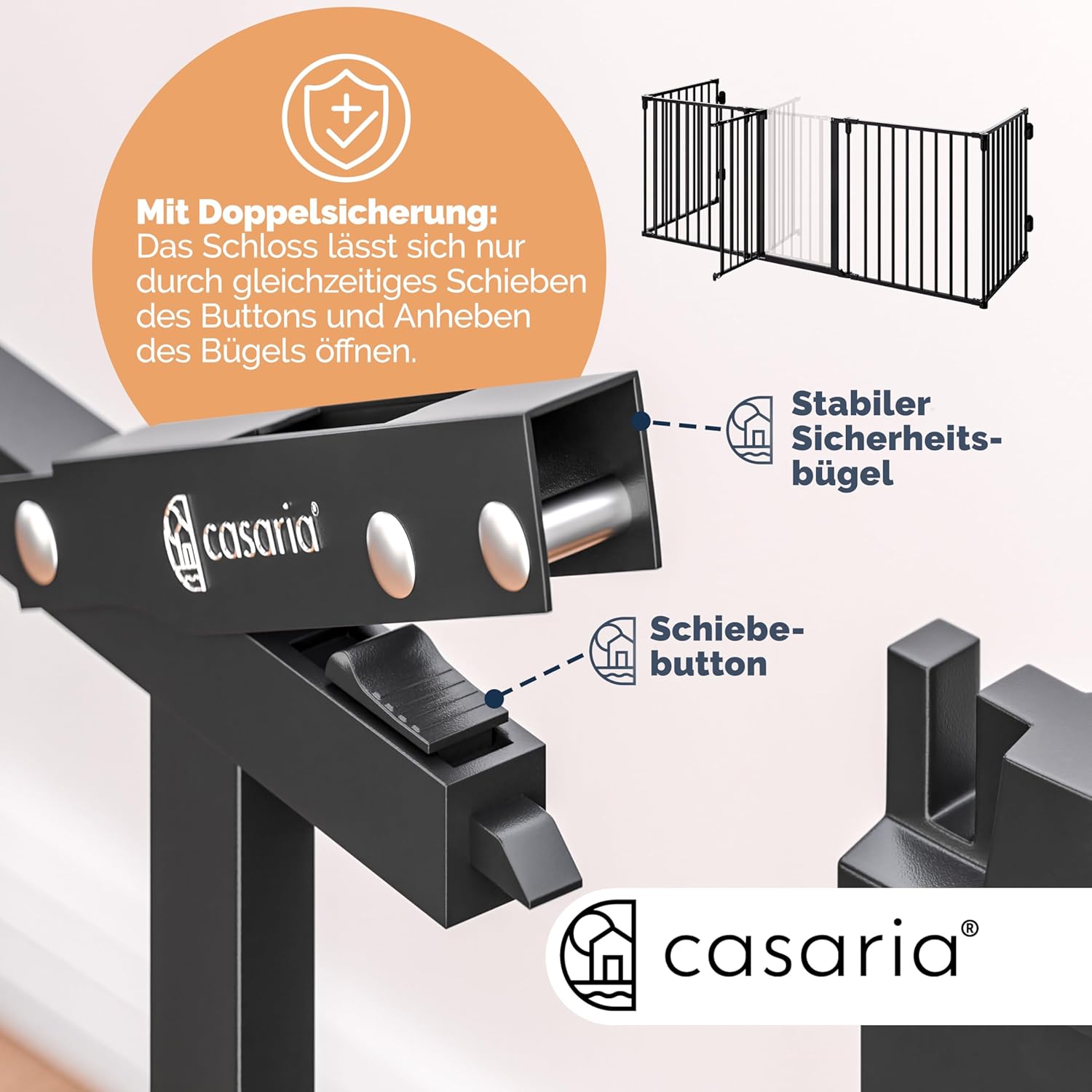 CASARIA® Kaminschutzgitter Baby mit Sicherheitstür Metall ohne Bohren 306x76cm Hundegitter Kinderschutz Türschutzgitter Absperrgitter Schwarz — Ansicht 5