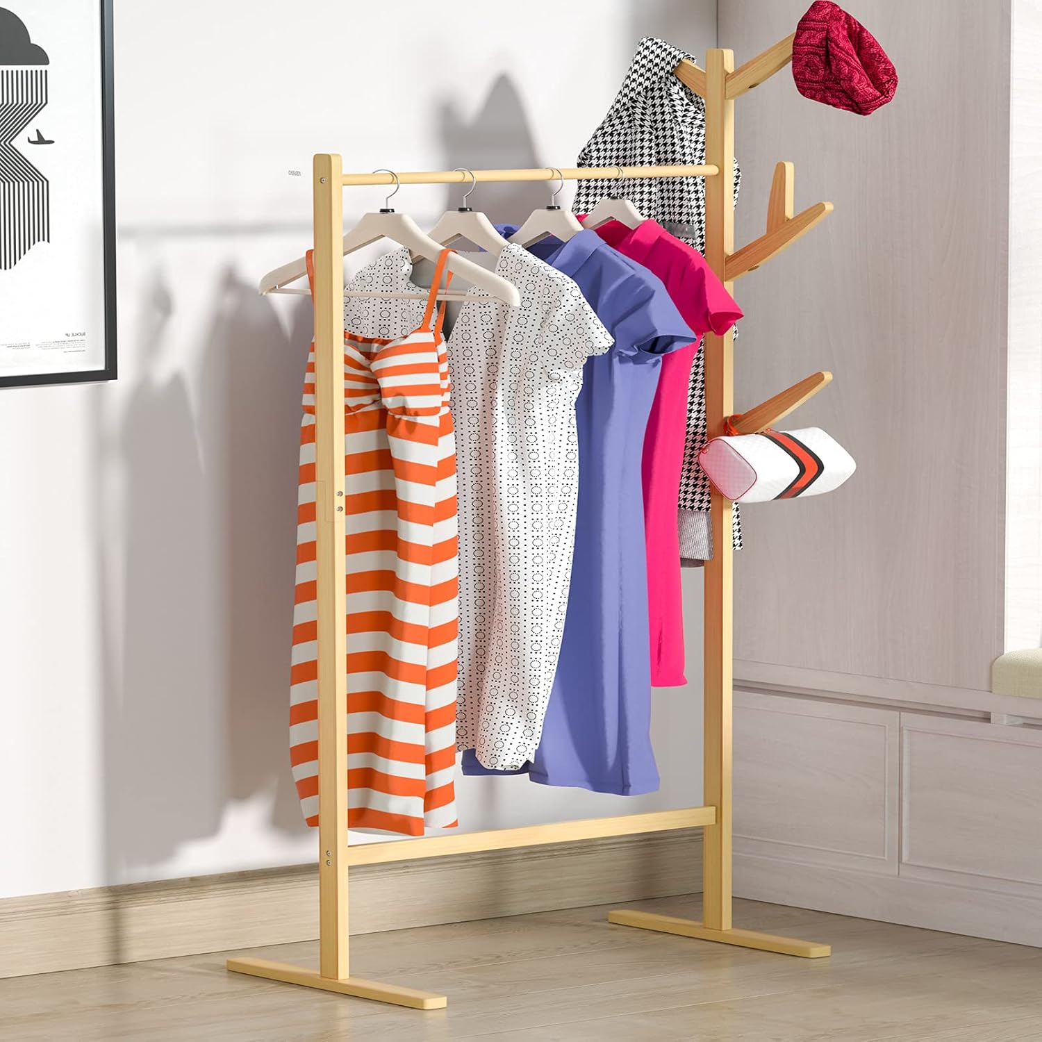 Casaria® Kleiderständer Holz Stabil Bambus Kleiderstange inkl. 8 Haken Offen Freistehend Garderobenständer 165x65cm Schmal Schlafzimmer Flur Garderobe — Ansicht 2