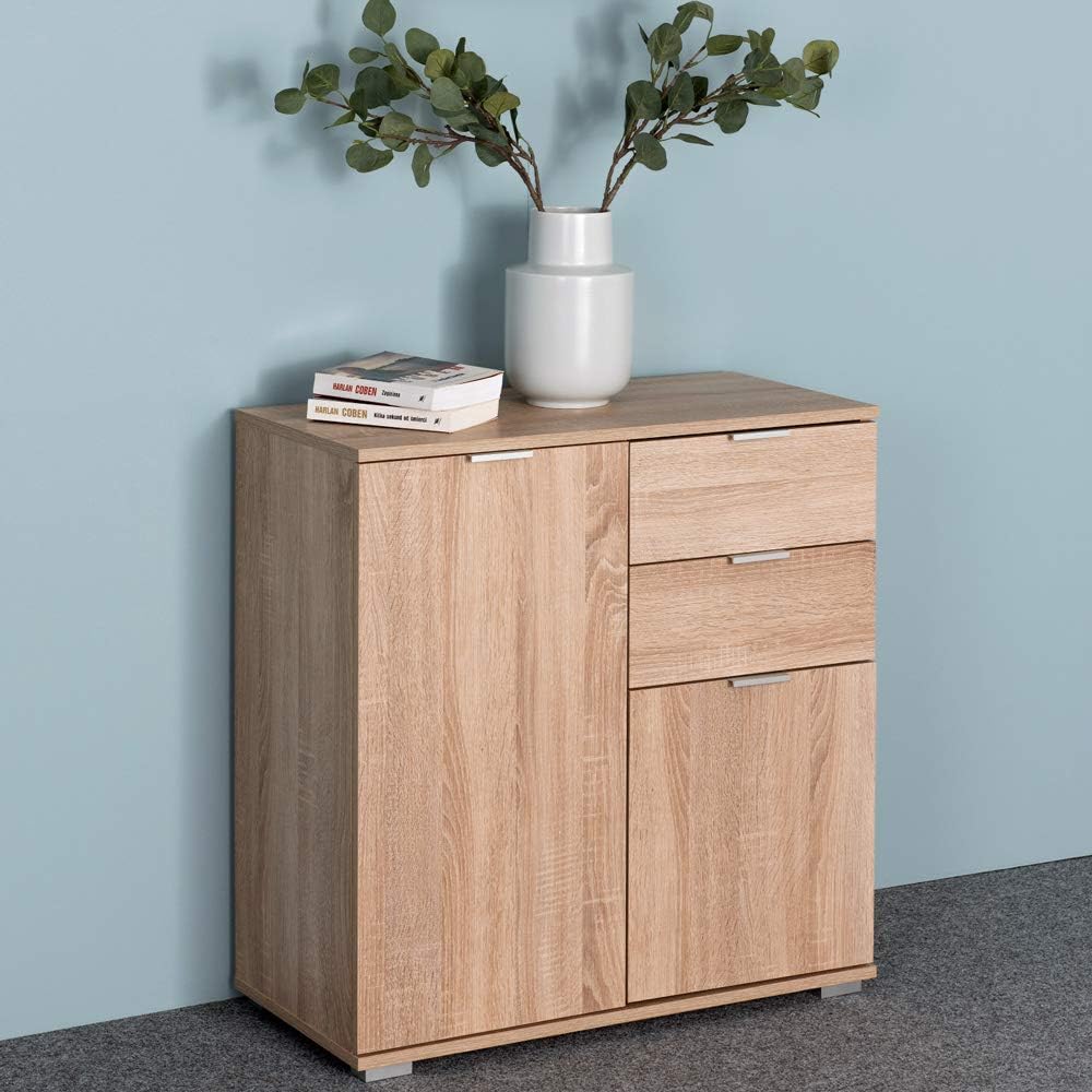 Casaria® Kommode mit 2 Türen 2 Schubladen 70x75x35cm Holz Modern spiegelbarer Aufbau Schlafzimmer Büro Flur Mehrzweckschrank Aktenschrank Schrank Eiche — Ansicht 2