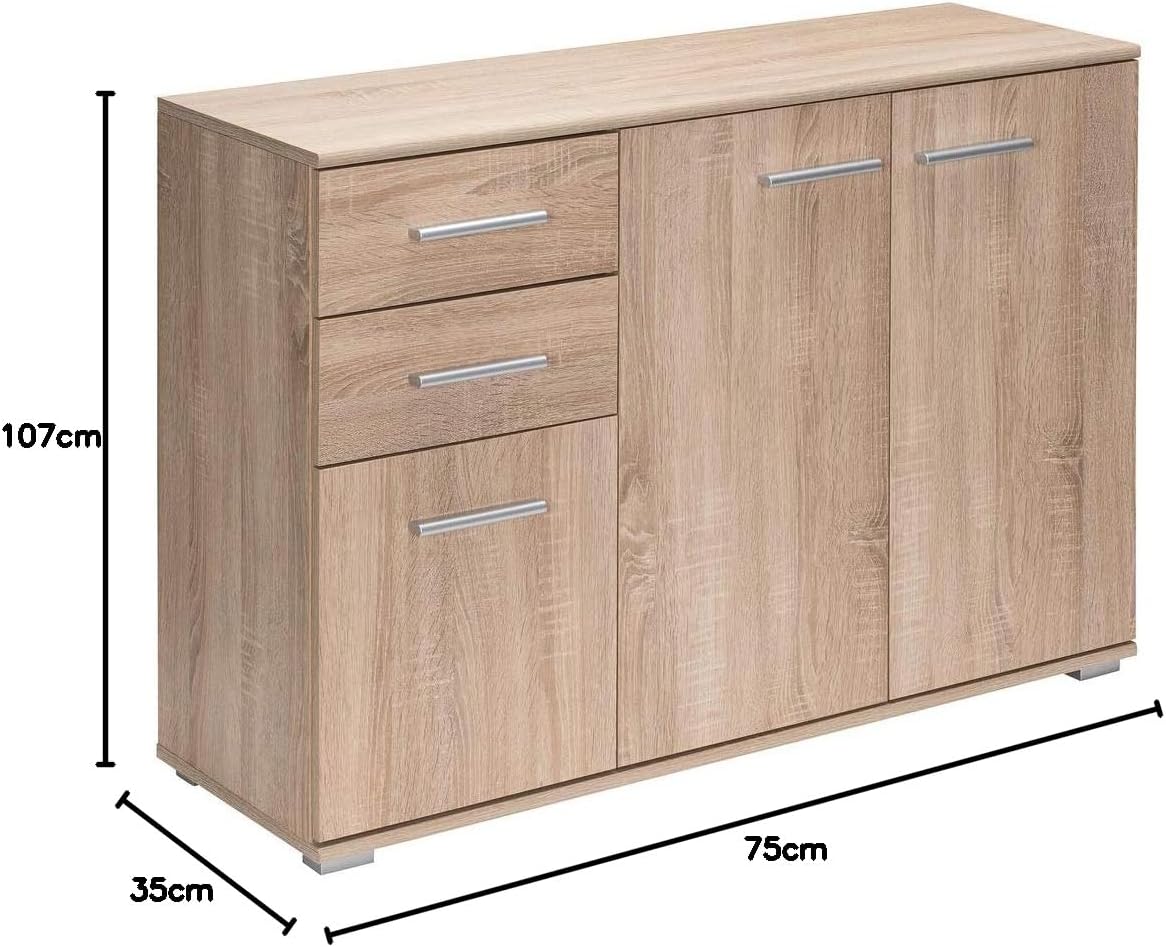 Casaria® Kommode mit 3 Türen 2 Schubladen 107x75x35cm Holz Modern spiegelbarer Aufbau Schlafzimmer Büro Flur Mehrzweckschrank Aktenschrank Schrank Eiche — Ansicht 3