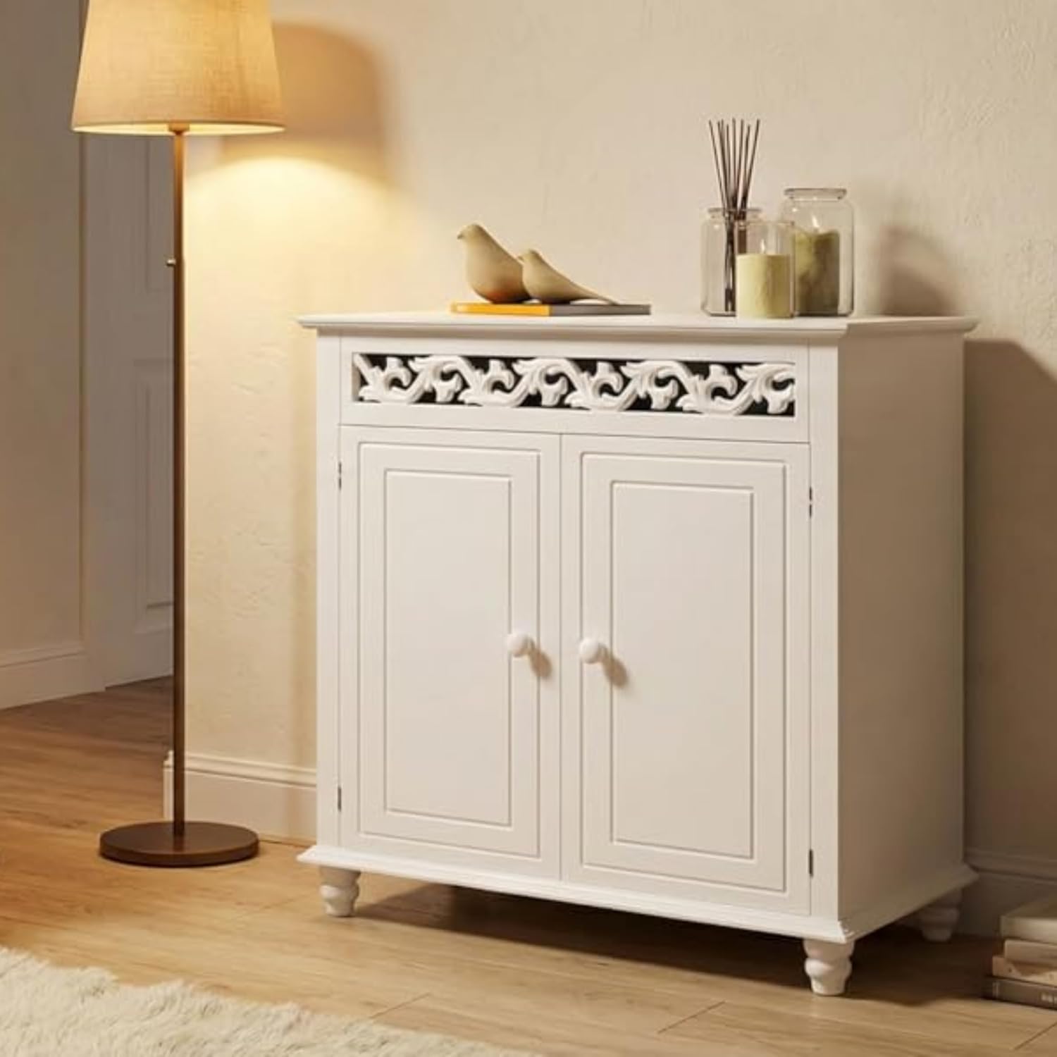 Casaria® Kommode Weiß Wohnzimmer Flur Holz Sideboard 2 Türen Landhaus Stil Schlafzimmer Kommodenschrank herausnehmbarer Boden Schmal 76x65x35cm Klein — Ansicht 2