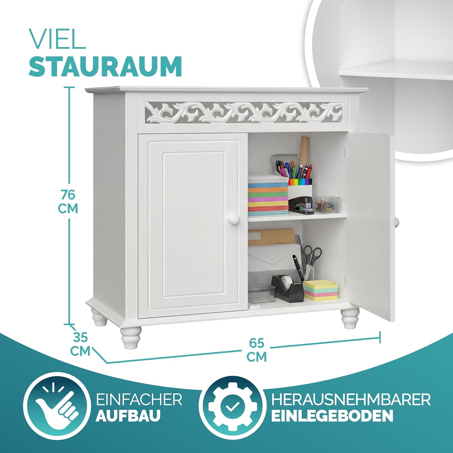Casaria® Kommode Weiß Wohnzimmer Flur Holz Sideboard 2 Türen Landhaus Stil Schlafzimmer Kommodenschrank herausnehmbarer Boden Schmal 76x65x35cm Klein — Ansicht 3