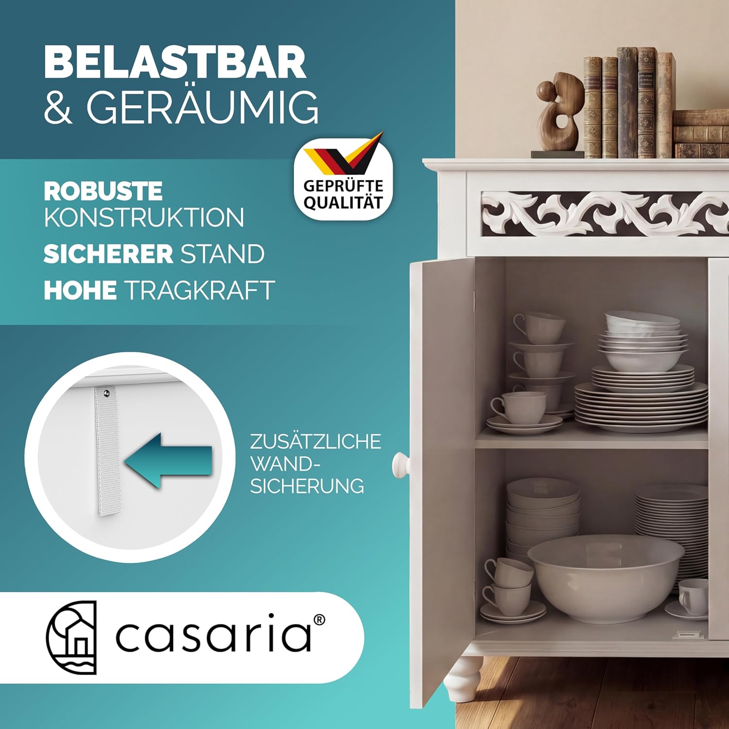 Casaria® Kommode Weiß Wohnzimmer Flur Holz Sideboard 2 Türen Landhaus Stil Schlafzimmer Kommodenschrank herausnehmbarer Boden Schmal 76x65x35cm Klein — Ansicht 5