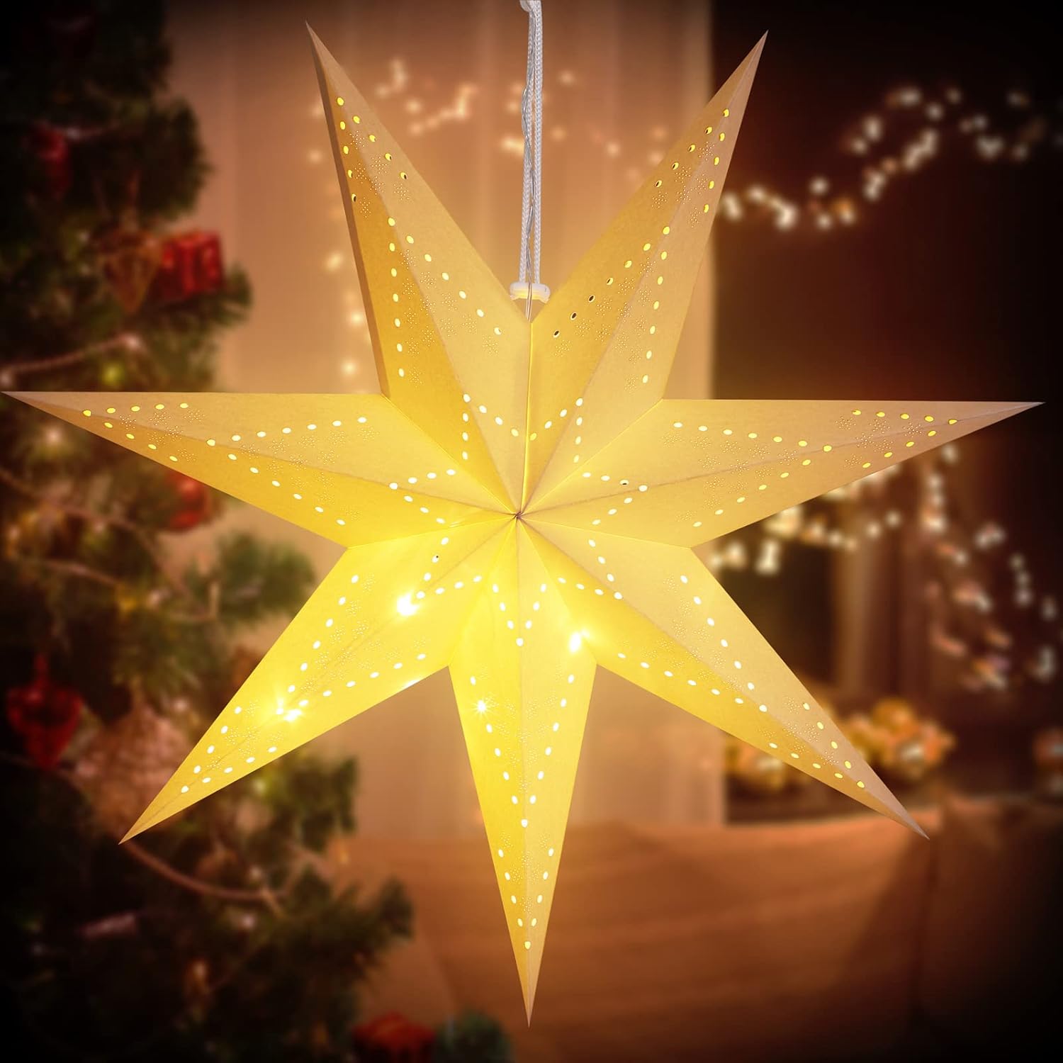 CASARIA® LED Weihnachtsstern Beleuchtet 60 cm Batterie Fenster Innen Weihnachtsdeko Weihnachten Fensterdeko Leuchtstern Dekostern Papierstern Weiß — Ansicht 2