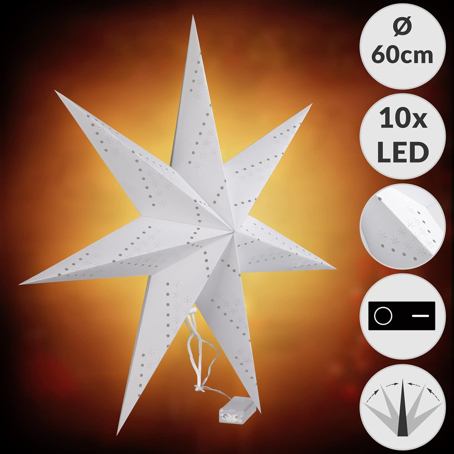 CASARIA® LED Weihnachtsstern Beleuchtet 60 cm Batterie Fenster Innen Weihnachtsdeko Weihnachten Fensterdeko Leuchtstern Dekostern Papierstern Weiß — Ansicht 3