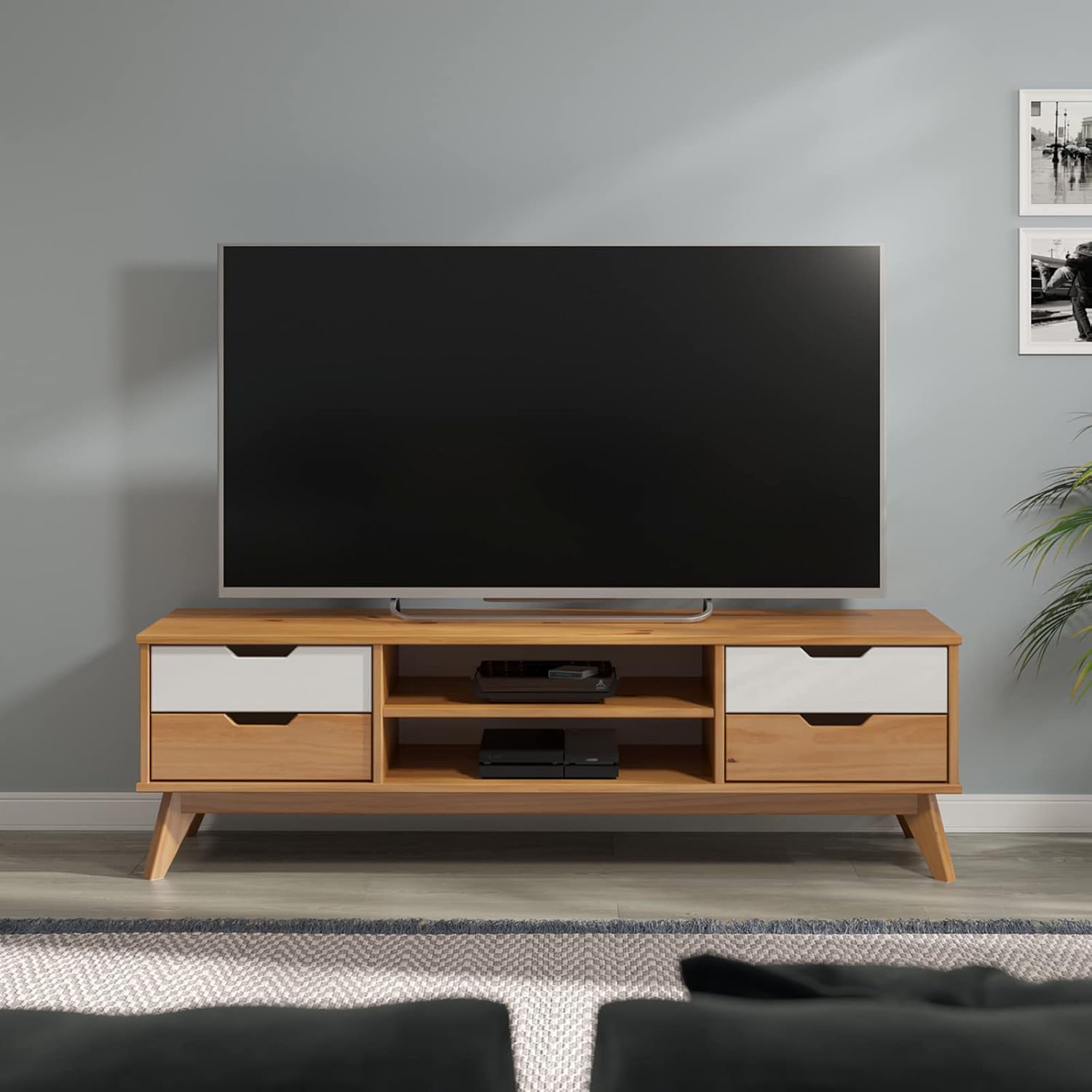 Casaria® Lowboard 140x42x40cm FSC®- Zertifiziert 4 Schubladen 2 Fächer Kiefer Massiv Natur Holz Wohnzimmer Flur TV Schrank Board Fernsehtisch Möbel Weiß — Ansicht 2