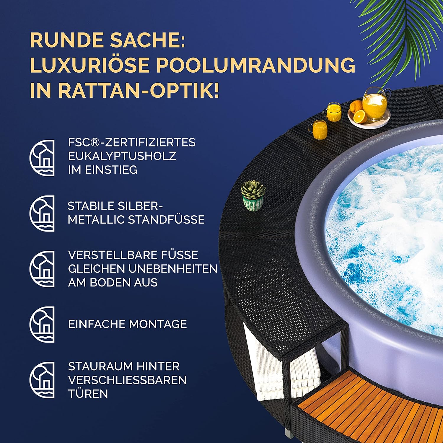 Casaria® Luxus Whirlpool Verkleidung Polyrattan Innen Ø 206 cm Einstieg aus FSC®-zertifiziertem Eukalyptus-Hartholz verzinkter Stahl Pool Umrandung — Ansicht 3