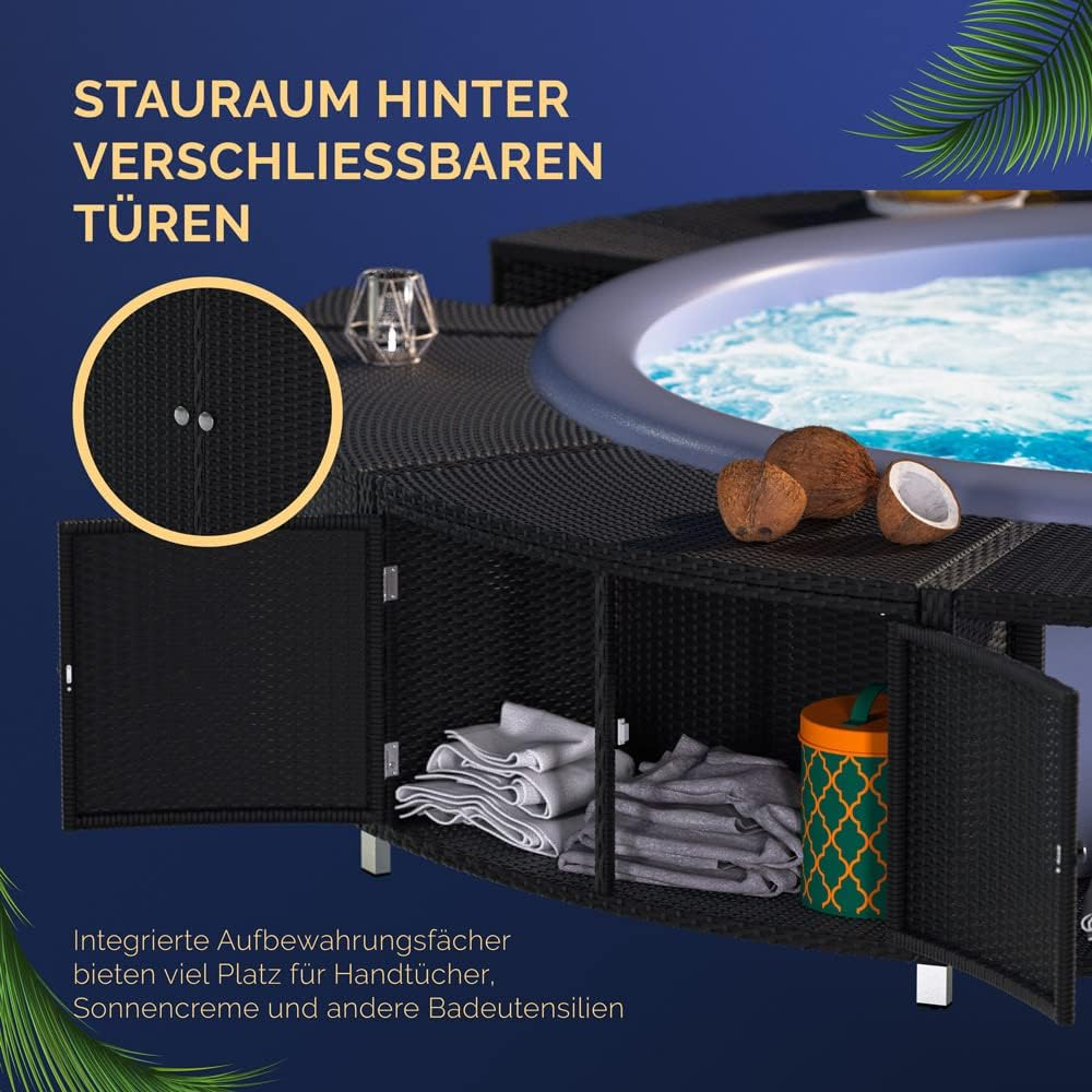 Casaria® Luxus Whirlpool Verkleidung Polyrattan Innen Ø 206 cm Einstieg aus FSC®-zertifiziertem Eukalyptus-Hartholz verzinkter Stahl Pool Umrandung — Ansicht 4