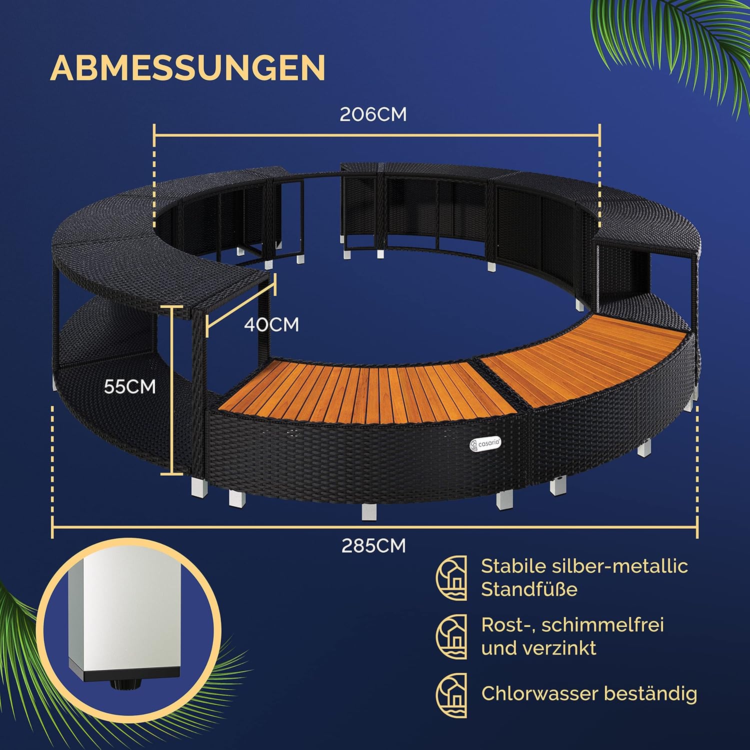 Casaria® Luxus Whirlpool Verkleidung Polyrattan Innen Ø 206 cm Einstieg aus FSC®-zertifiziertem Eukalyptus-Hartholz verzinkter Stahl Pool Umrandung — Ansicht 6