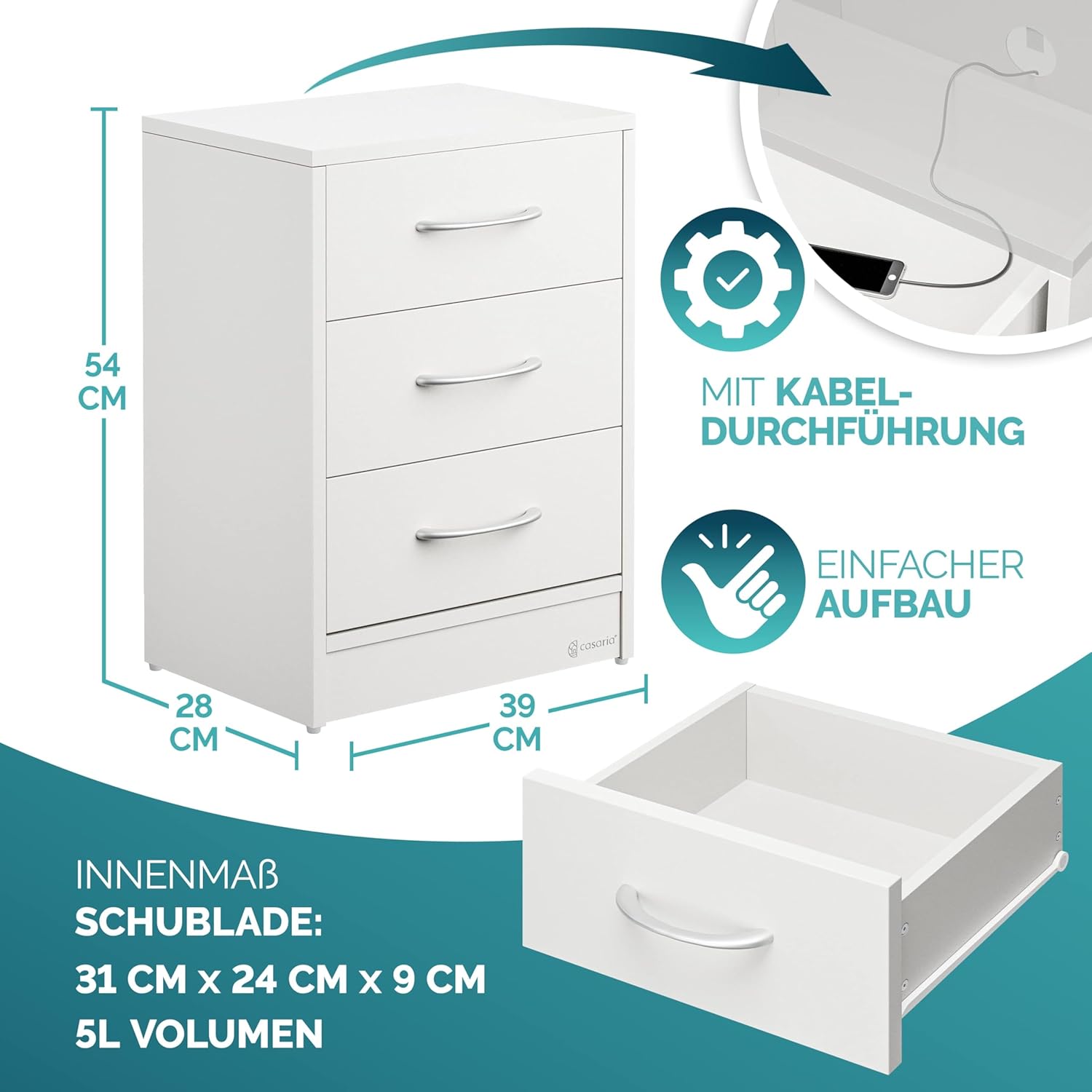 Casaria® Nachttisch 2er Set 54x39x28cm LED Holz 3 Schubladen Boxspringbett Schlafzimmer Wohnzimmer Beistelltisch Nachtschrank Nachtkästchen Tisch Weiß — Ansicht 3