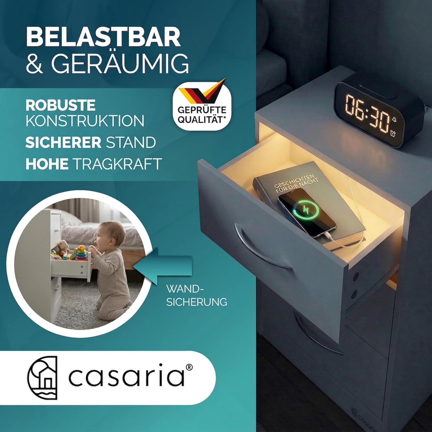 Casaria® Nachttisch 2er Set 54x39x28cm LED Holz 3 Schubladen Boxspringbett Schlafzimmer Wohnzimmer Beistelltisch Nachtschrank Nachtkästchen Tisch Weiß — Ansicht 5