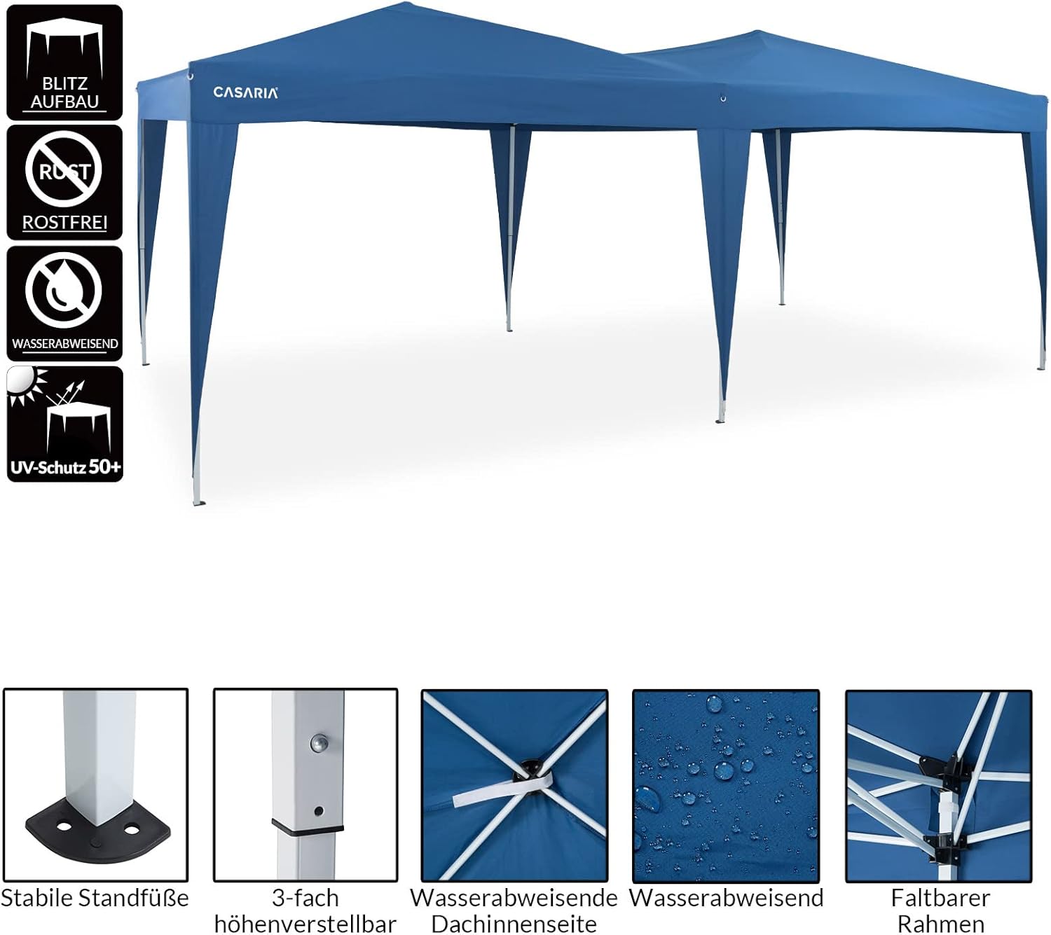 CASARIA® Pavillon Capri 3x6m Pop-Up Blau Wasserabweisend Inkl. Tasche UV-Schutz Faltpavillon Gartenzelt Partyzelt Zelt — Ansicht 5