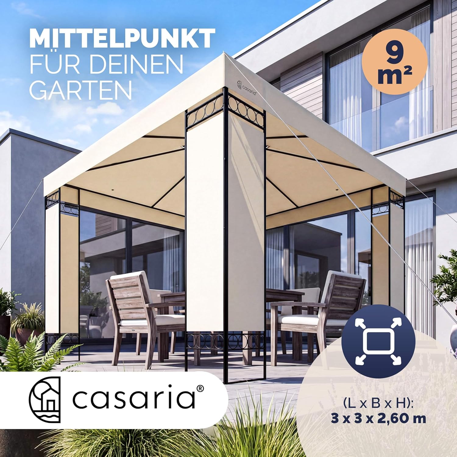 CASARIA® Pavillon Lorca 3x3m Metall Wasserabweisend UV-Schutz 50+ mit Seitenteile Stabil Gartenpavillon Luxus Modern Creme — Ansicht 2