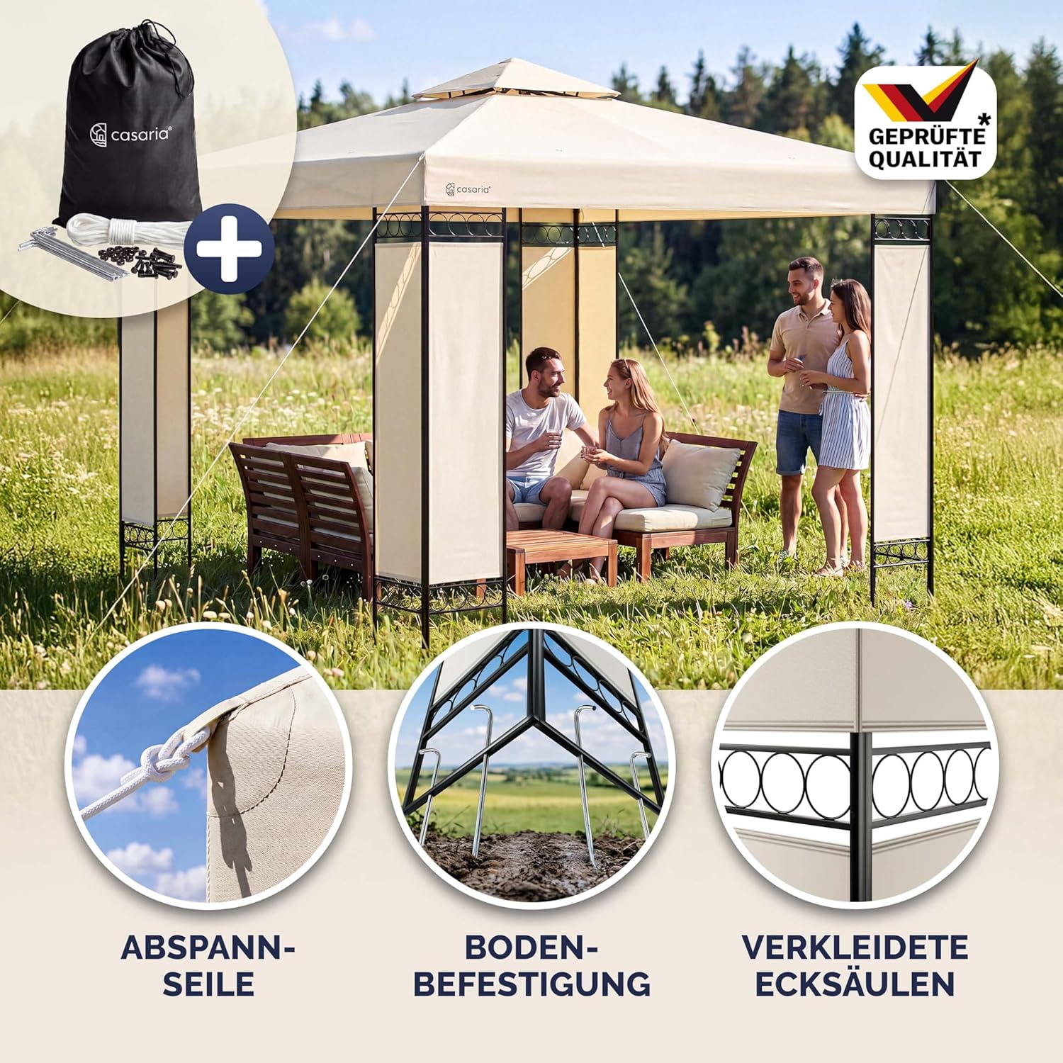 CASARIA® Pavillon Lorca 3x3m Metall Wasserabweisend UV-Schutz 50+ mit Seitenteile Stabil Gartenpavillon Luxus Modern Creme — Ansicht 3