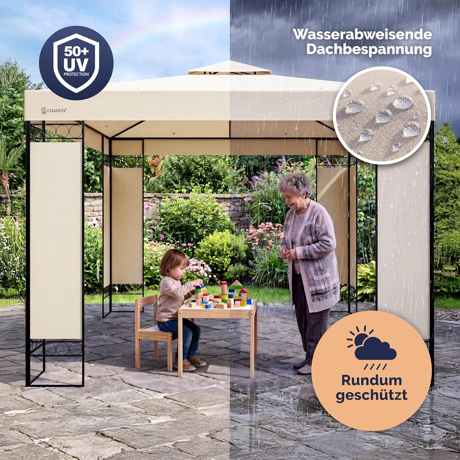 CASARIA® Pavillon Lorca 3x3m Metall Wasserabweisend UV-Schutz 50+ mit Seitenteile Stabil Gartenpavillon Luxus Modern Creme — Ansicht 5