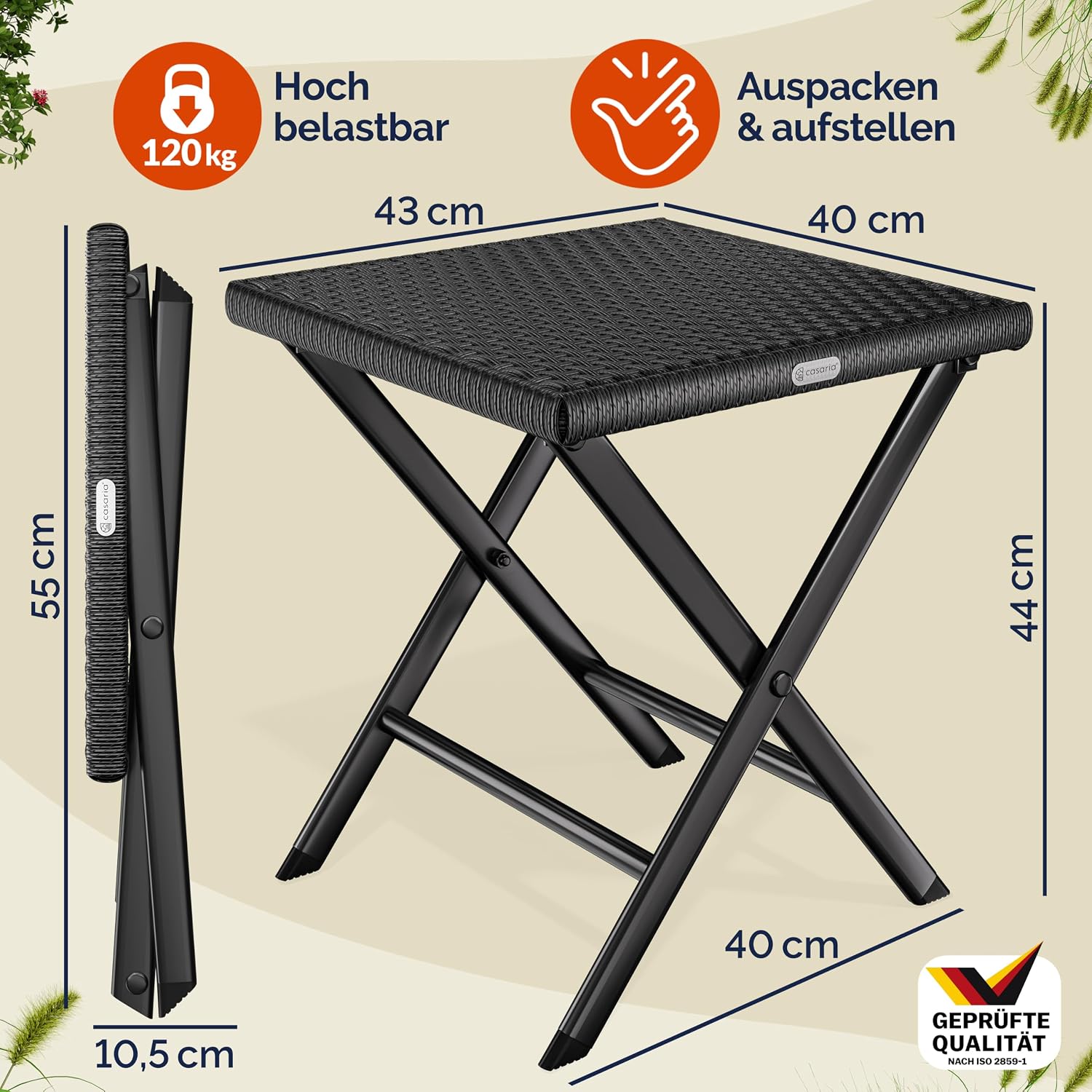 Casaria® Polyrattan 2er Set Klapphocker 75kg Belastbarkeit 44x40x44cm Klappbar Leicht Tragbar Wetterfest Garten Terrasse Balkon Camping Hocker Schwarz — Ansicht 3