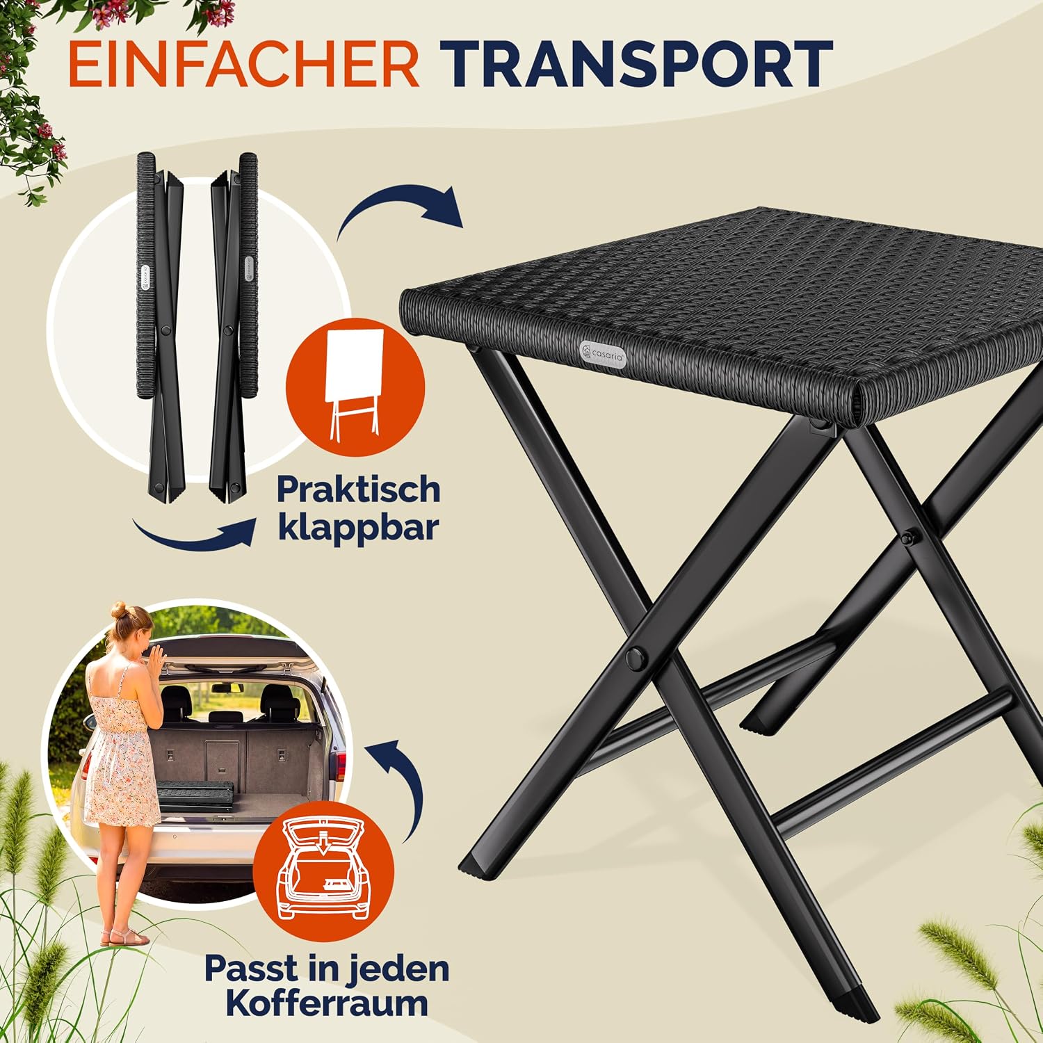 Casaria® Polyrattan 2er Set Klapphocker 75kg Belastbarkeit 44x40x44cm Klappbar Leicht Tragbar Wetterfest Garten Terrasse Balkon Camping Hocker Schwarz — Ansicht 4