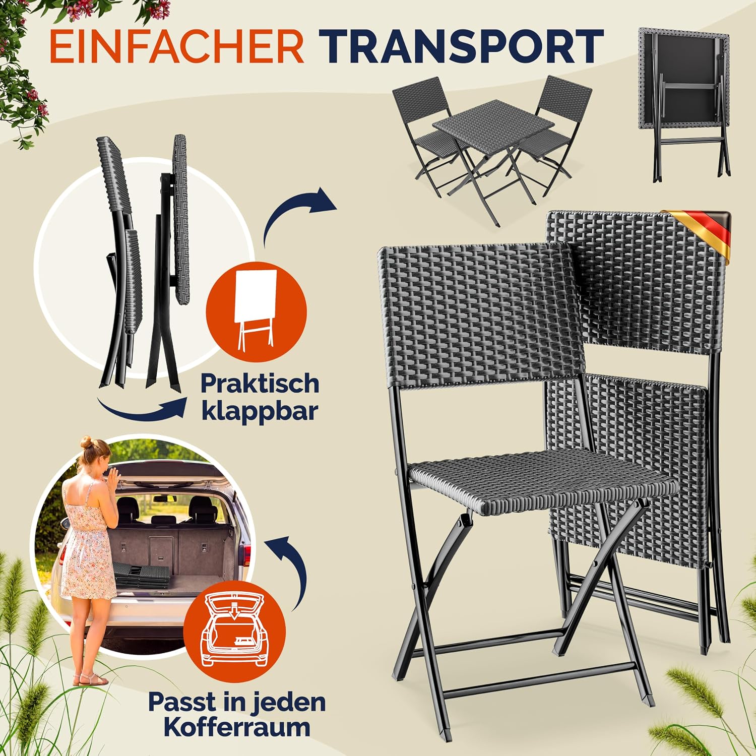 Casaria® Polyrattan Balkonmöbel 3 TLG. Klappbar Platzsparend 2 Personen Wetterfest Balkon Terrasse Bistro Garten Möbel Sitzgruppe Set Anthrazit — Ansicht 2