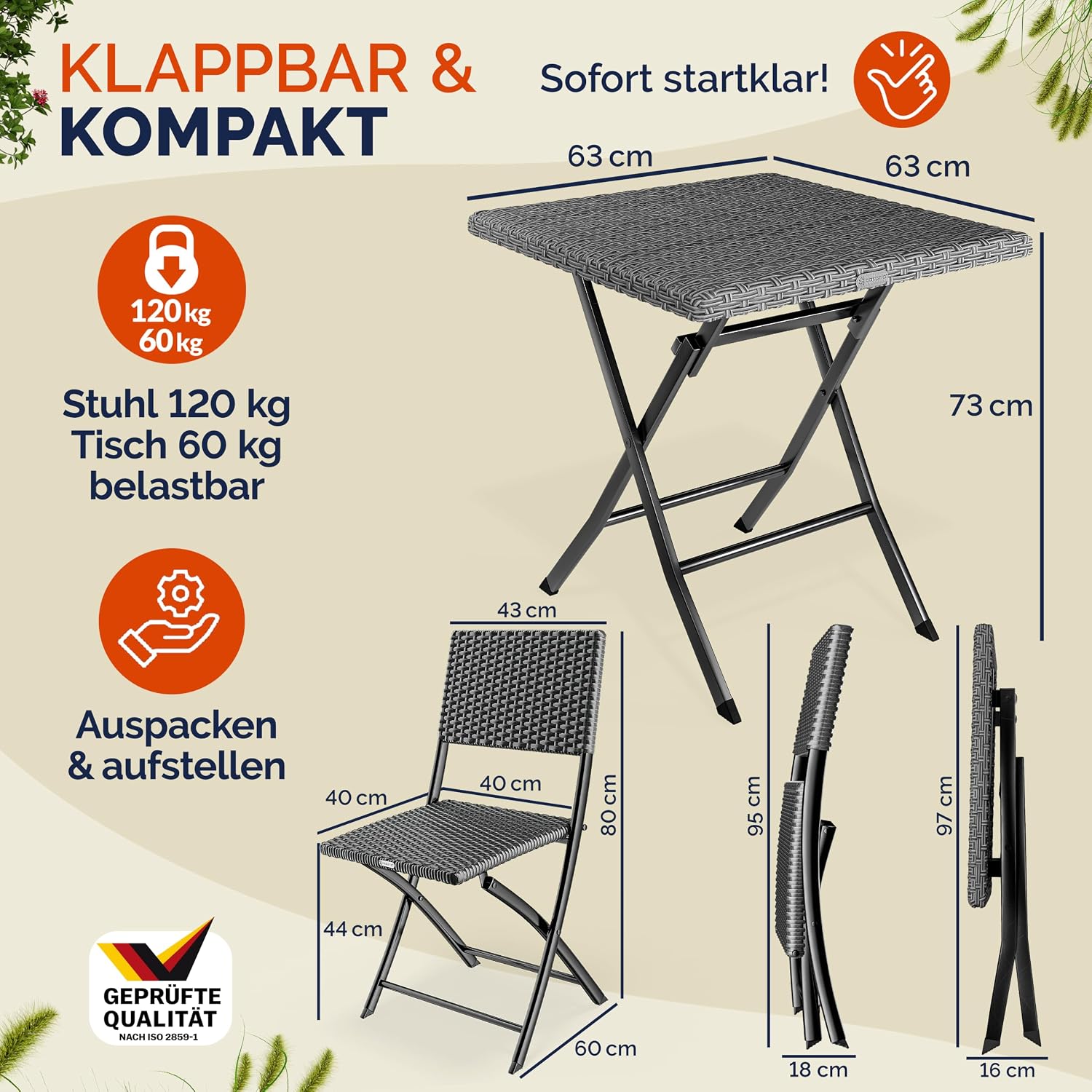Casaria® Polyrattan Balkonmöbel 3 TLG. Klappbar Platzsparend 2 Personen Wetterfest Balkon Terrasse Bistro Garten Möbel Sitzgruppe Set Anthrazit — Ansicht 3