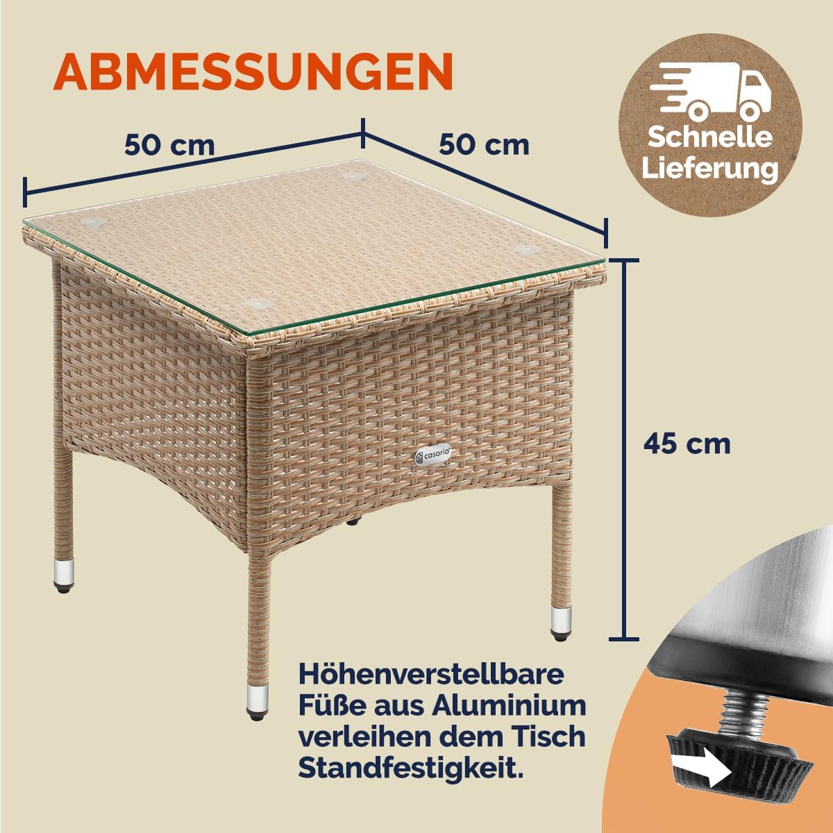 Casaria® Polyrattan Beistelltisch 50x50x45cm Höhenverstellbare 5mm Sicherheitsglas Wetterfest 80kg Belastbar Gartentisch Balkontisch Teetisch Outdoor Creme — Ansicht 2