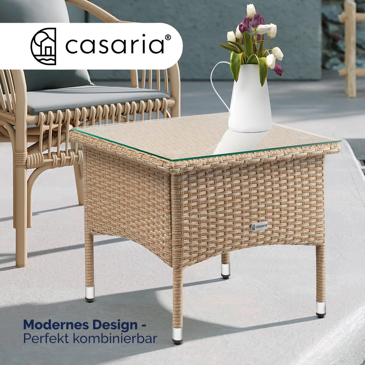 Casaria® Polyrattan Beistelltisch 50x50x45cm Höhenverstellbare 5mm Sicherheitsglas Wetterfest 80kg Belastbar Gartentisch Balkontisch Teetisch Outdoor Creme — Ansicht 3