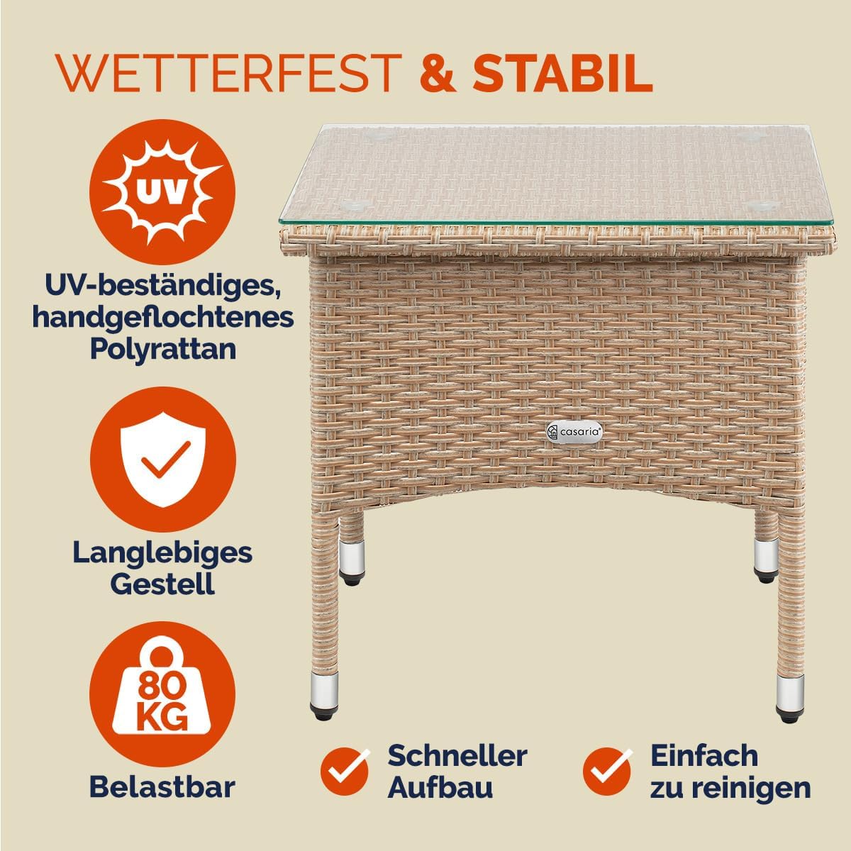 Casaria® Polyrattan Beistelltisch 50x50x45cm Höhenverstellbare 5mm Sicherheitsglas Wetterfest 80kg Belastbar Gartentisch Balkontisch Teetisch Outdoor Creme — Ansicht 4