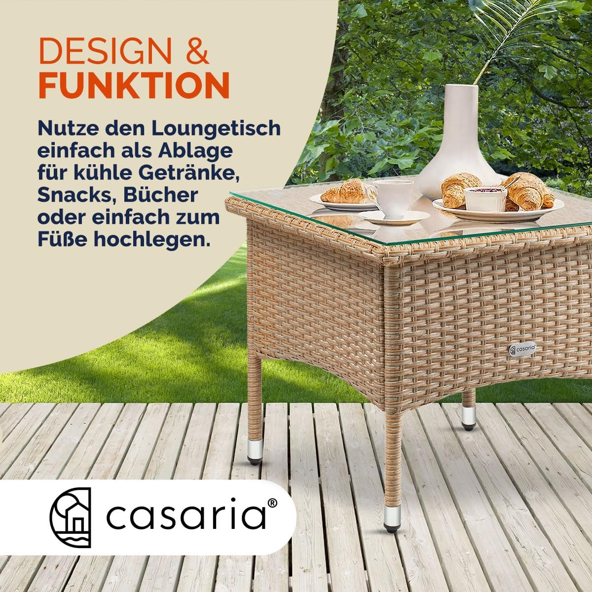 Casaria® Polyrattan Beistelltisch 50x50x45cm Höhenverstellbare 5mm Sicherheitsglas Wetterfest 80kg Belastbar Gartentisch Balkontisch Teetisch Outdoor Creme — Ansicht 5
