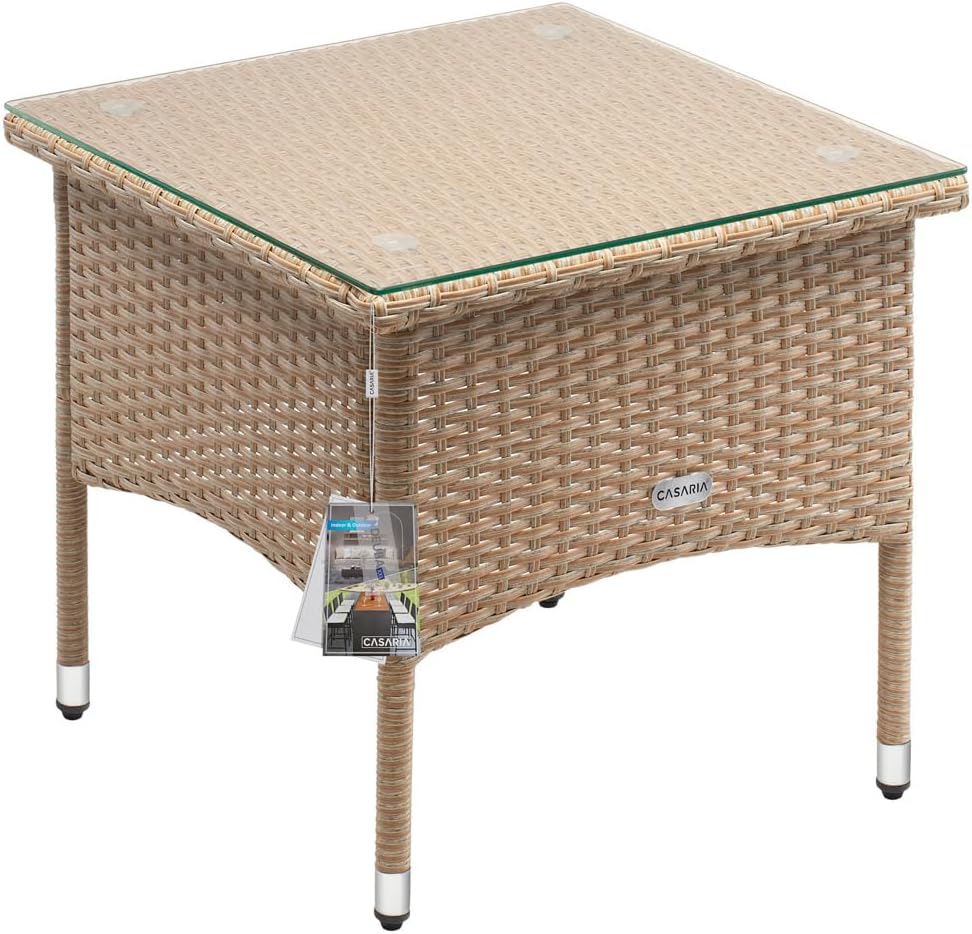 Casaria® Polyrattan Beistelltisch 50x50x45cm Höhenverstellbare 5mm Sicherheitsglas Wetterfest 80kg Belastbar Gartentisch Balkontisch Teetisch Outdoor Creme