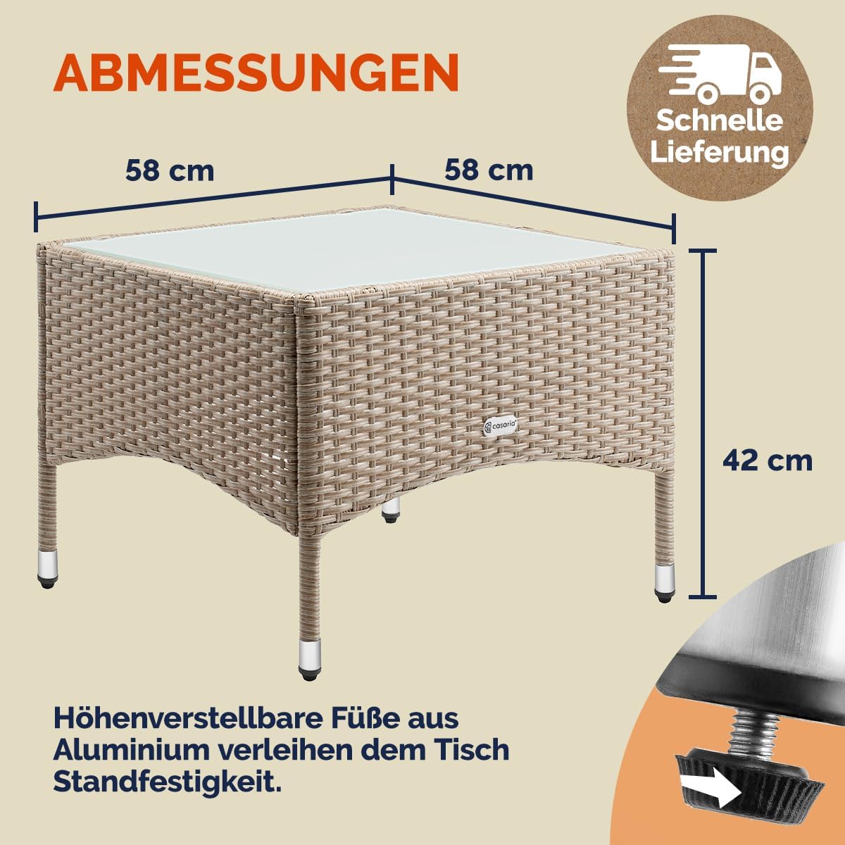 Casaria® Polyrattan Beistelltisch 58x 58x 42 cm Höhenverstellbare Füße 5mm Sicherheitsglas Wetterfest Gartentisch Balkontisch Kaffeetisch Outdoor Creme — Ansicht 2