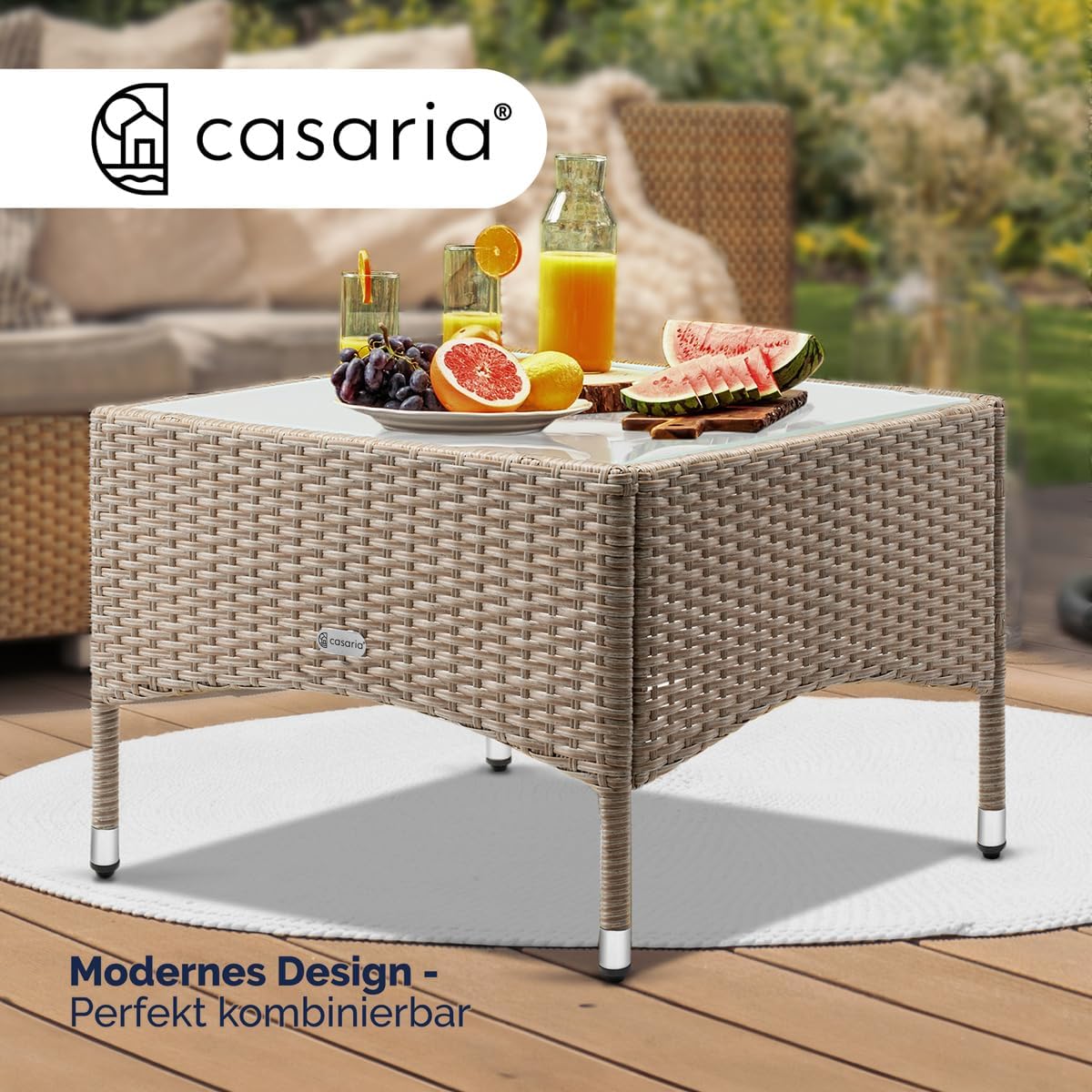 Casaria® Polyrattan Beistelltisch 58x 58x 42 cm Höhenverstellbare Füße 5mm Sicherheitsglas Wetterfest Gartentisch Balkontisch Kaffeetisch Outdoor Creme — Ansicht 3